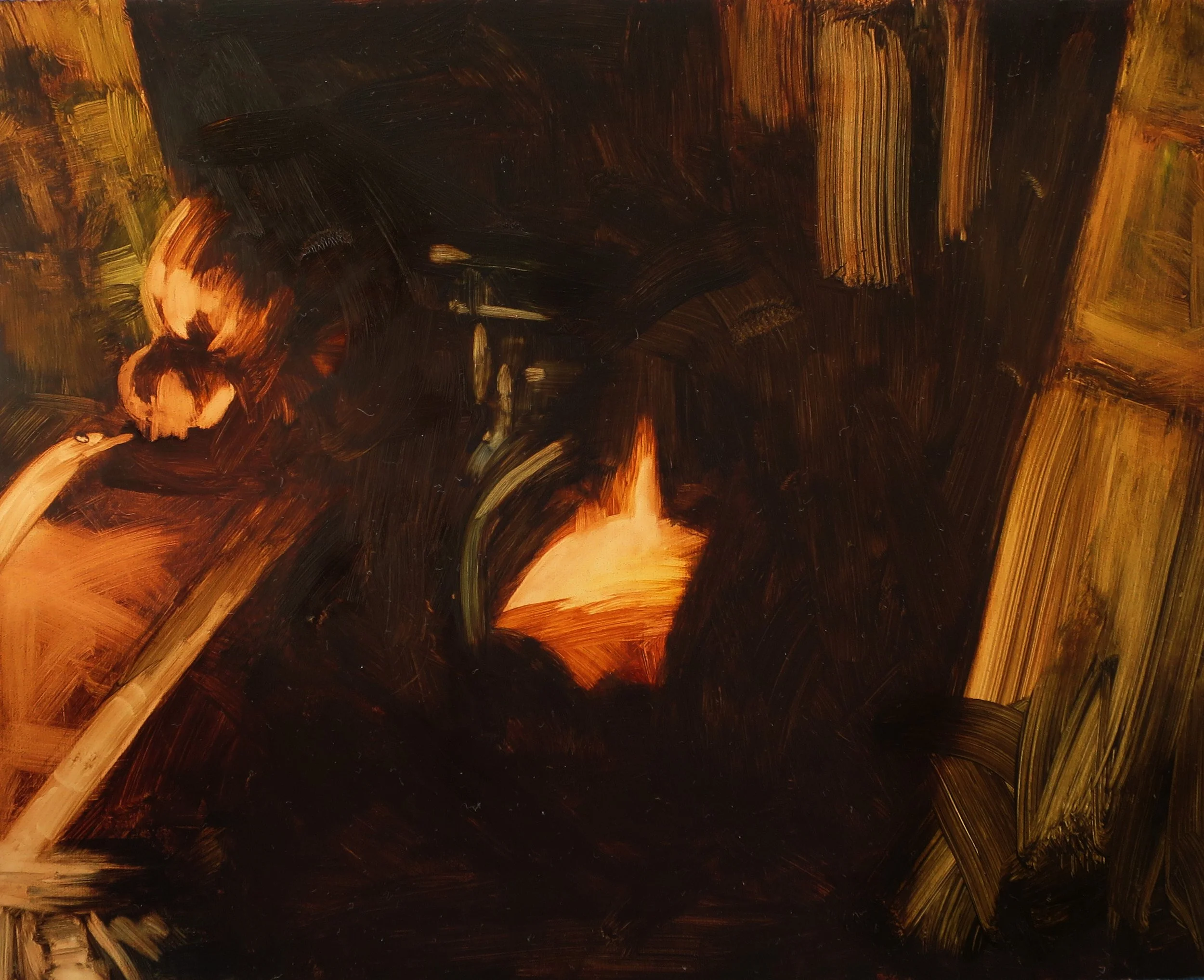 'Not the murderer burning evidence (papers) (red herring) (Poirot s4e2)', 2023, oil on board, 20 x 25cm (unframed)