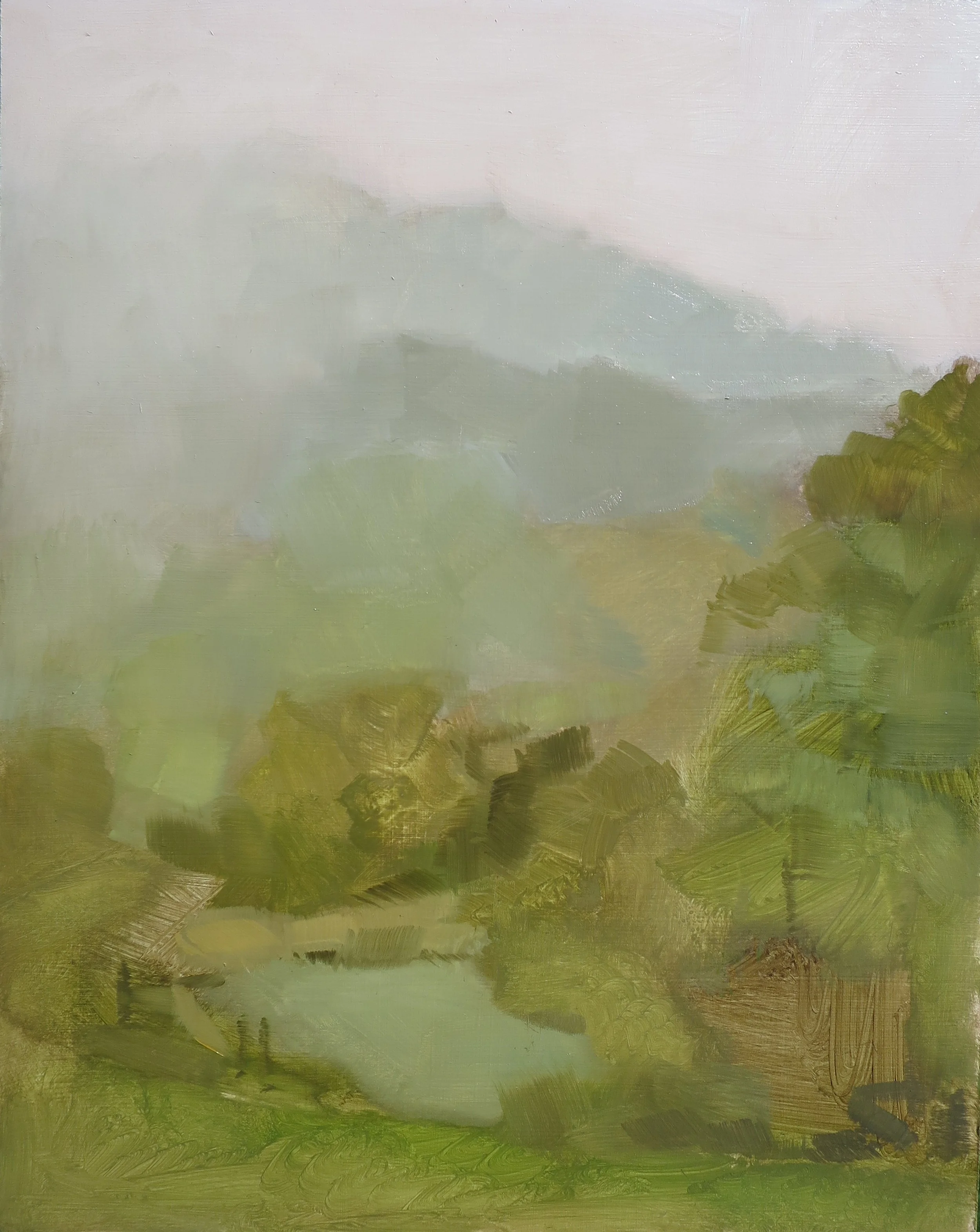 Kyogle in the rain 2022, oil on board, 30 x 22.5cm