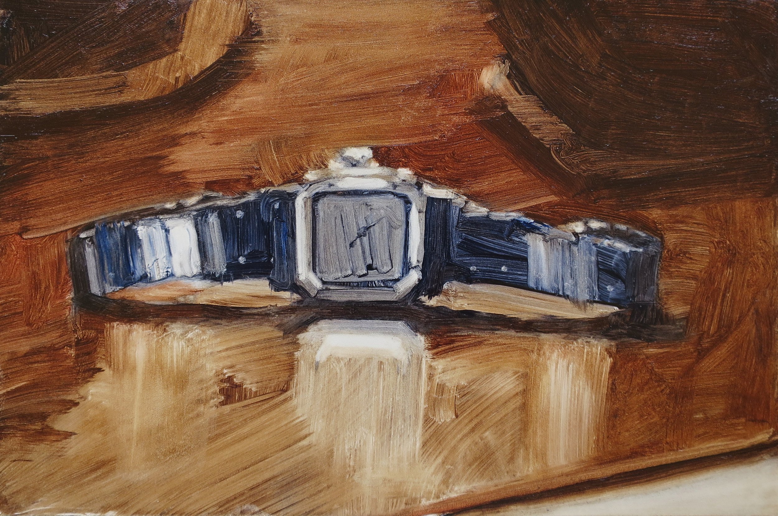 'A watch (red herring) (Midsomer Murders s3e2)', 2023, oil on board, 15 x 23cm (unframed)