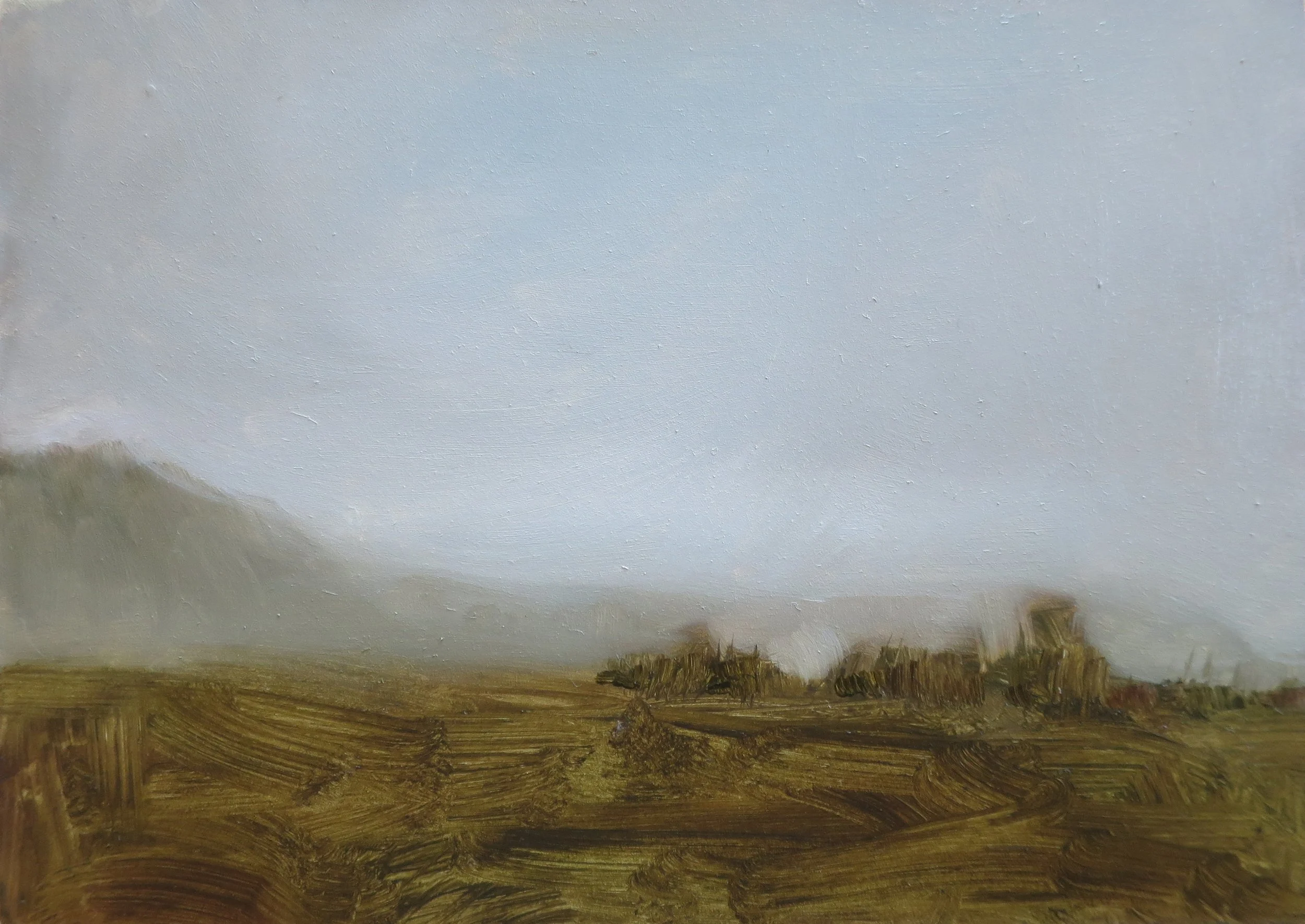 On the road in the rain II 2022, oil on board, 12.7 x 17.8cm