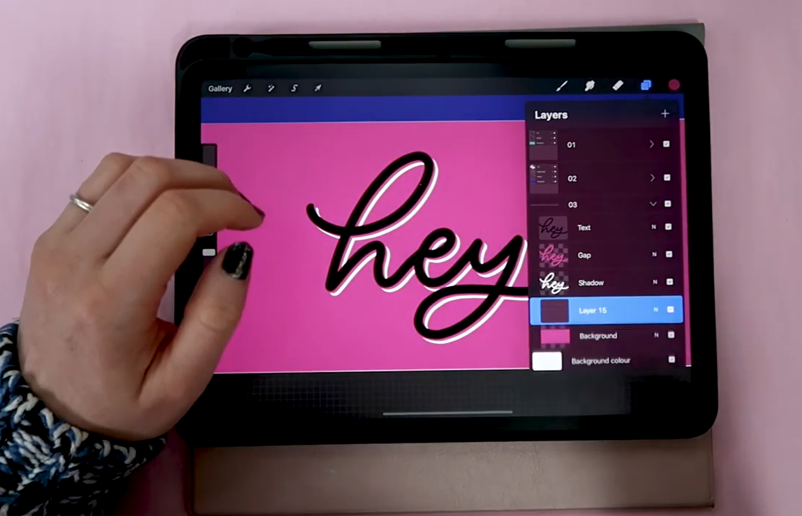 A Procreate canvas showing three offset versions of the word "hey"- the text in white, a gap layer, and a shadow layer - creating a layered 3D floating effect