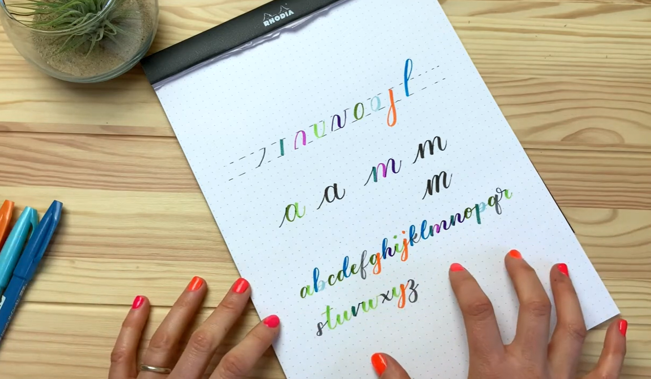 The full alphabet written using basic calligraphy drills, showing consistent joined-up letter shapes