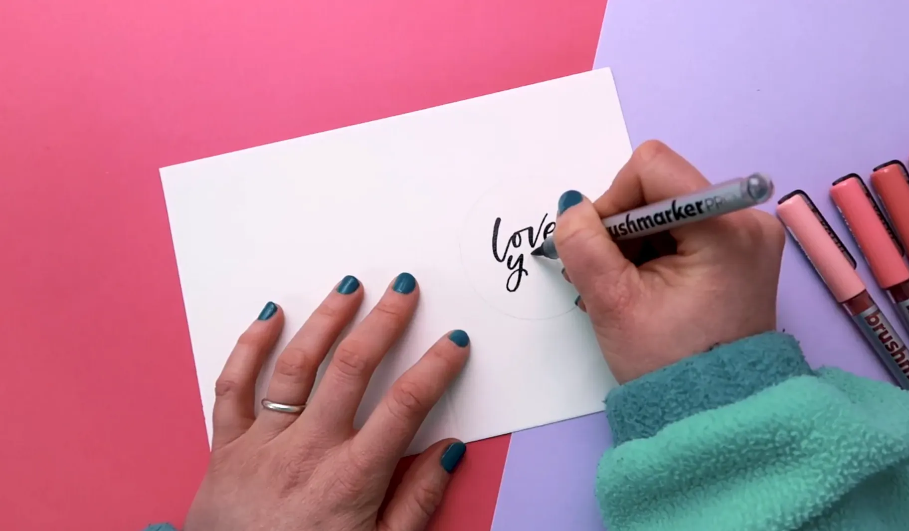 Brush pen calligraphy lettering on watercolour paper Valentine’s card