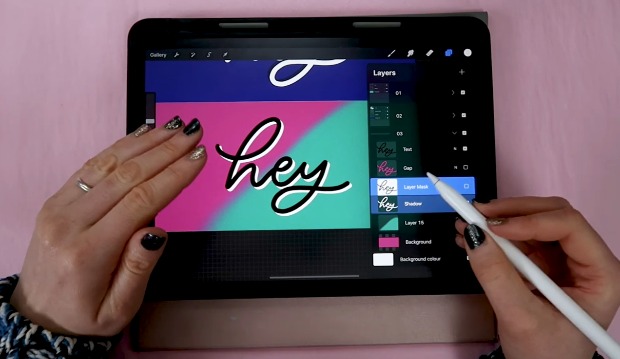 The finished floating shadow effect in Procreate, with a gap of negative space between the white calligraphy lettering and its offset shadow, achieved using a layer mask