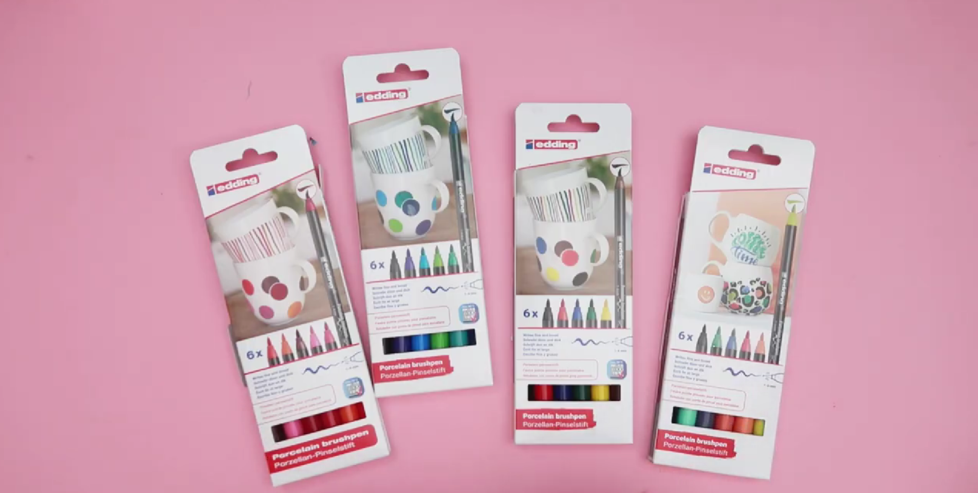 Edding porcelain brush pens in multiple colour sets arranged for a DIY ceramic painting project