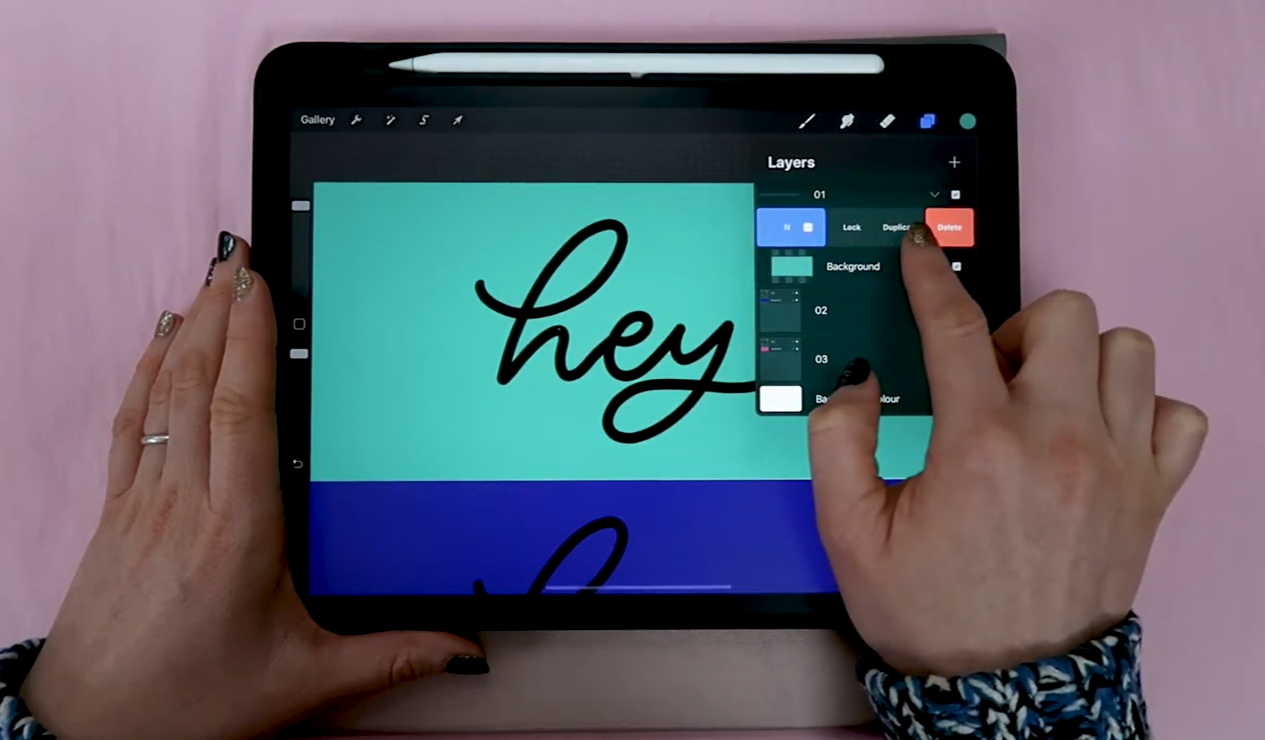 A Procreate layer panel showing three organised folders labelled 1, 2 and 3, each containing a text layer and background layer