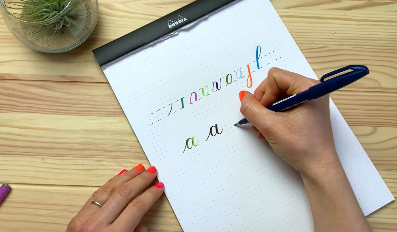 The letter A built from individual calligraphy strokes: entrance stroke, oval and underturn