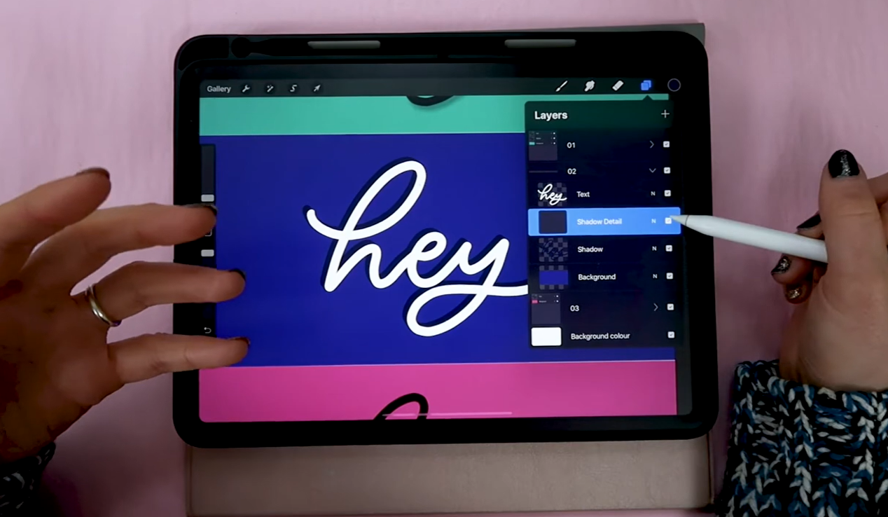 Side-by-side view in Procreate showing the word "hey" with shadow detail layer toggled on and off to show the subtle difference it makes
