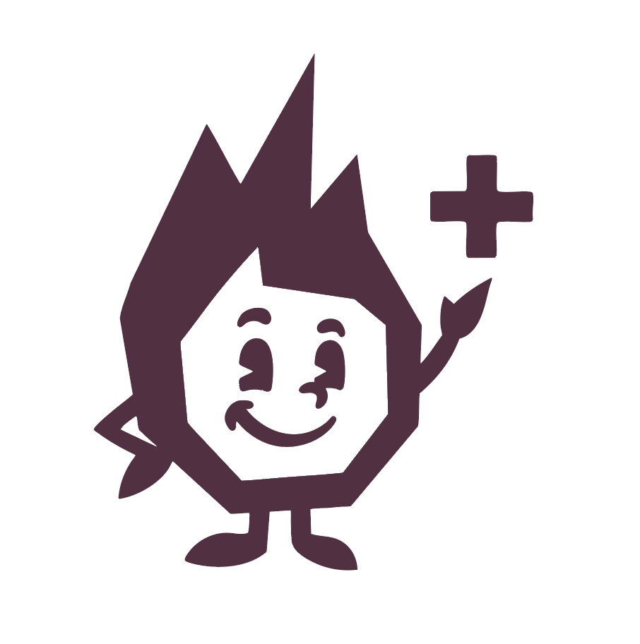 Friendly character mascot logo with a plus symbol