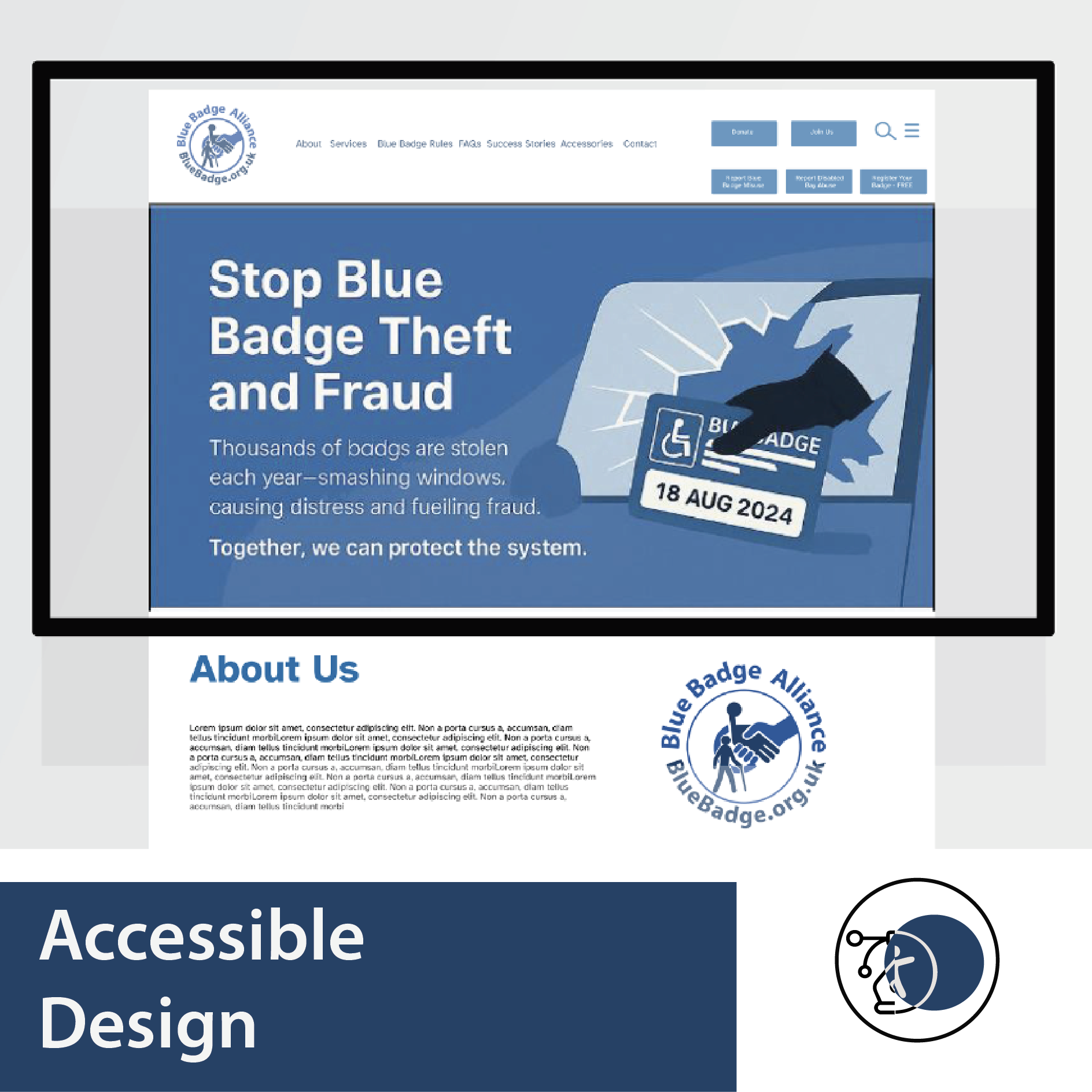 Inclusive Blue Badge website snapshot showing accessible web design, WCAG-informed layout, high colour contrast, and clear navigation for disabled users.