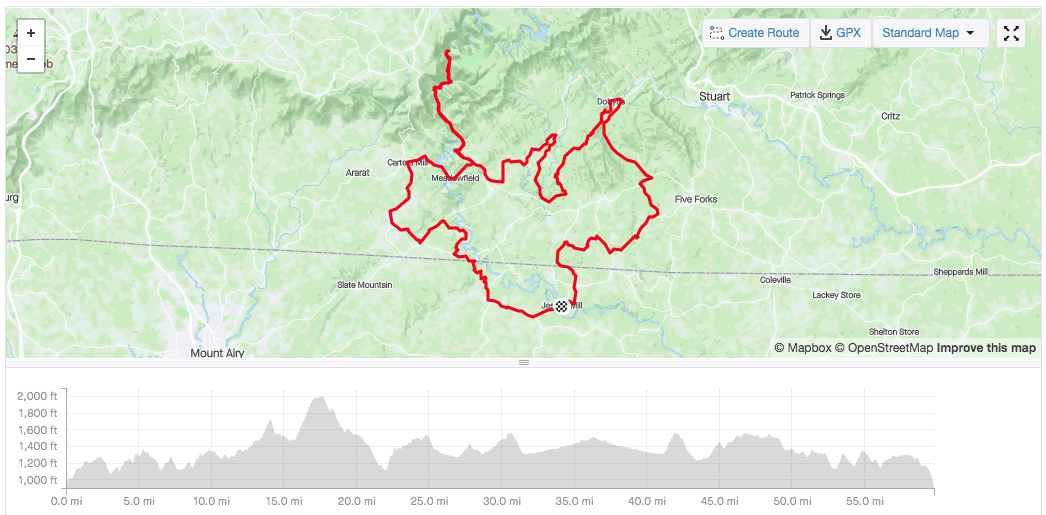 Route profile above.  I ended up with 5974 ft of climbing in 59.78 miles.  Pretty solid day. Screen Shot Credit: Mitch