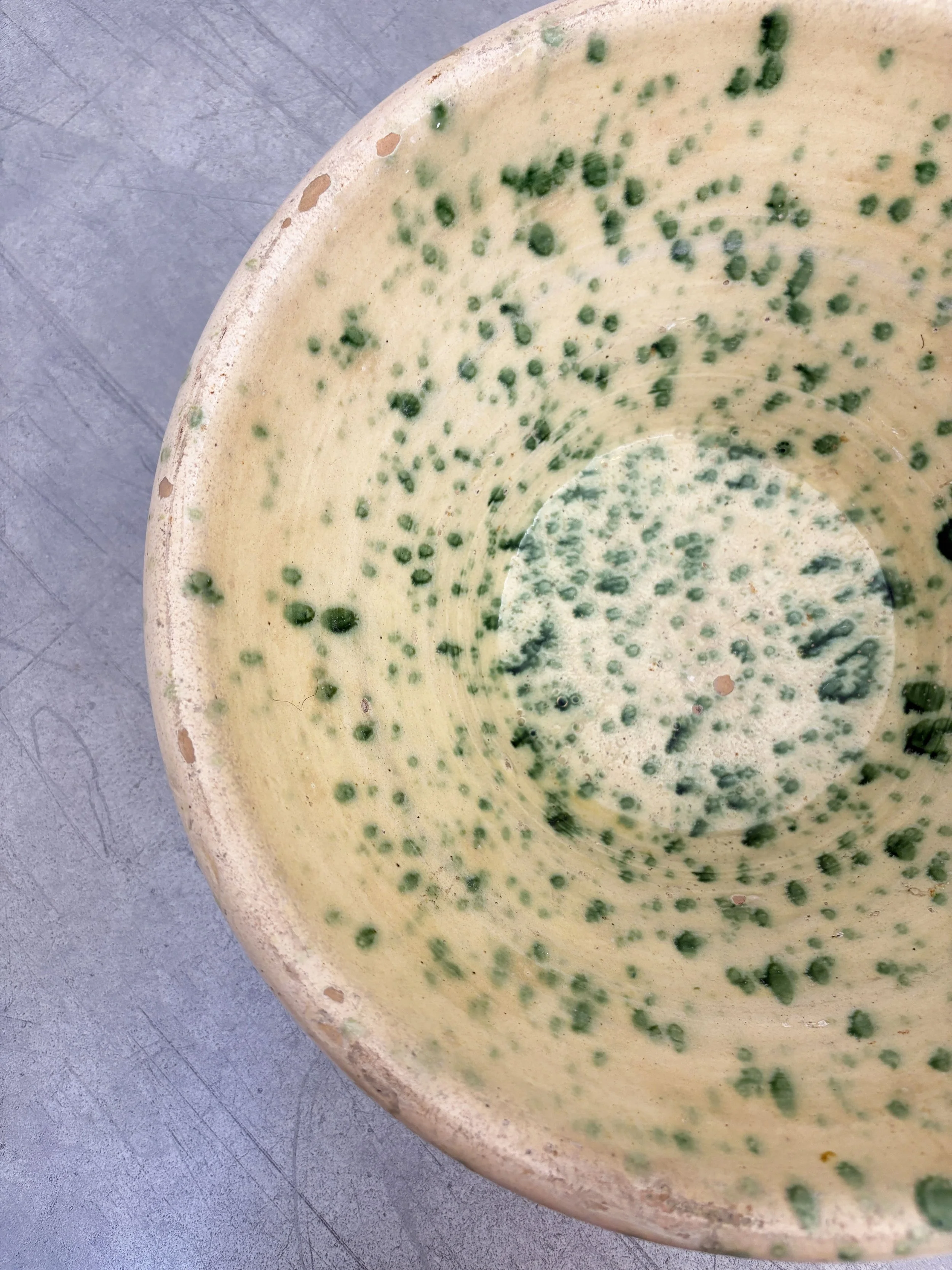 antique green splattered glaze ceramic bowl Puglia