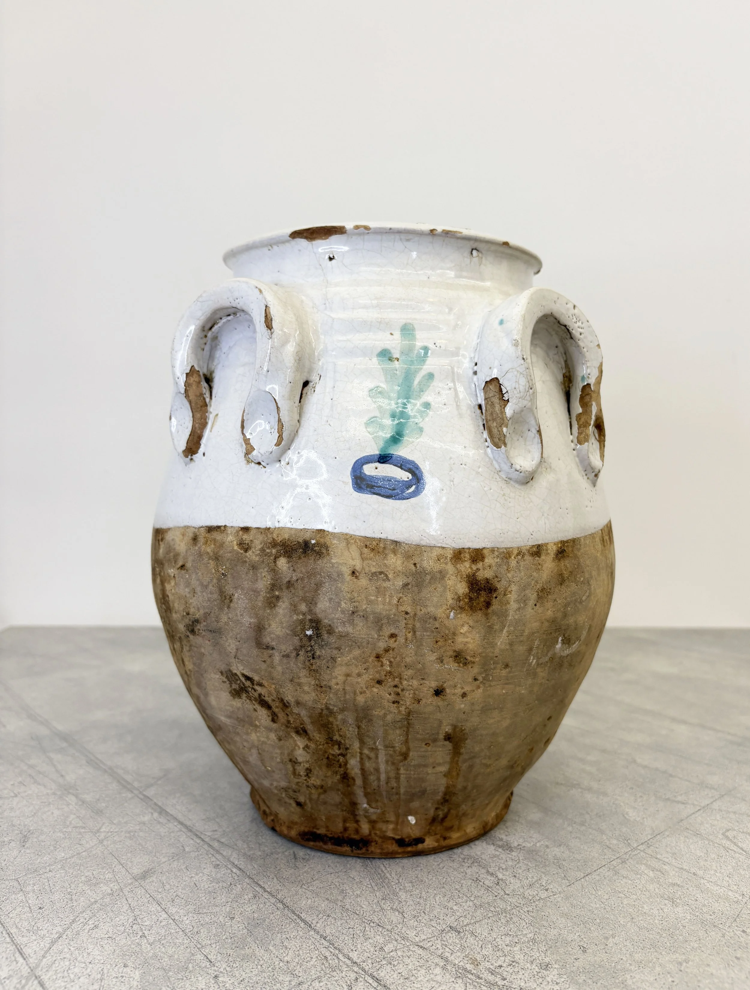 antique Italian confit pot hand painted with tree motif