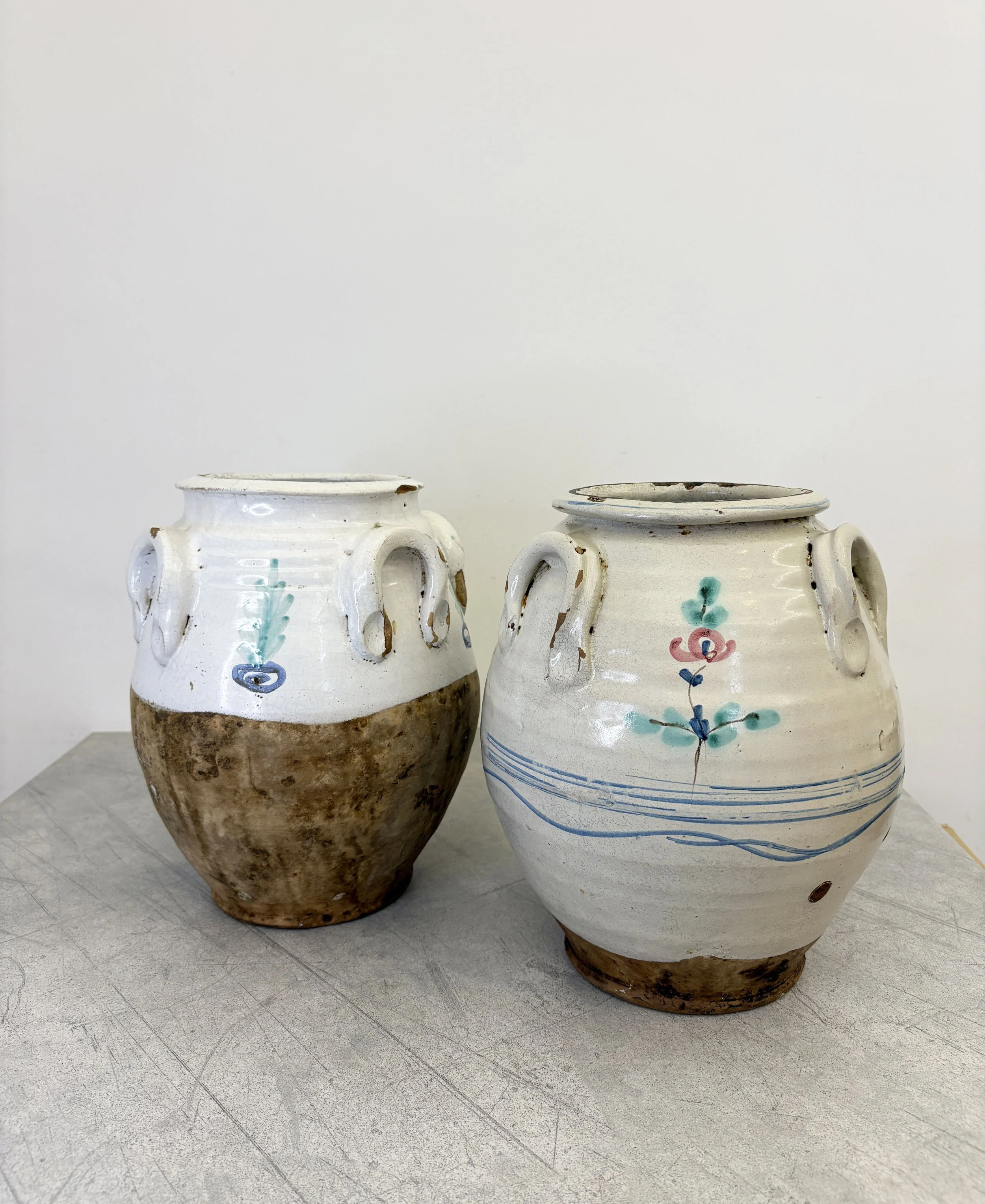 antique Italian hand painted ceramic confit pots
