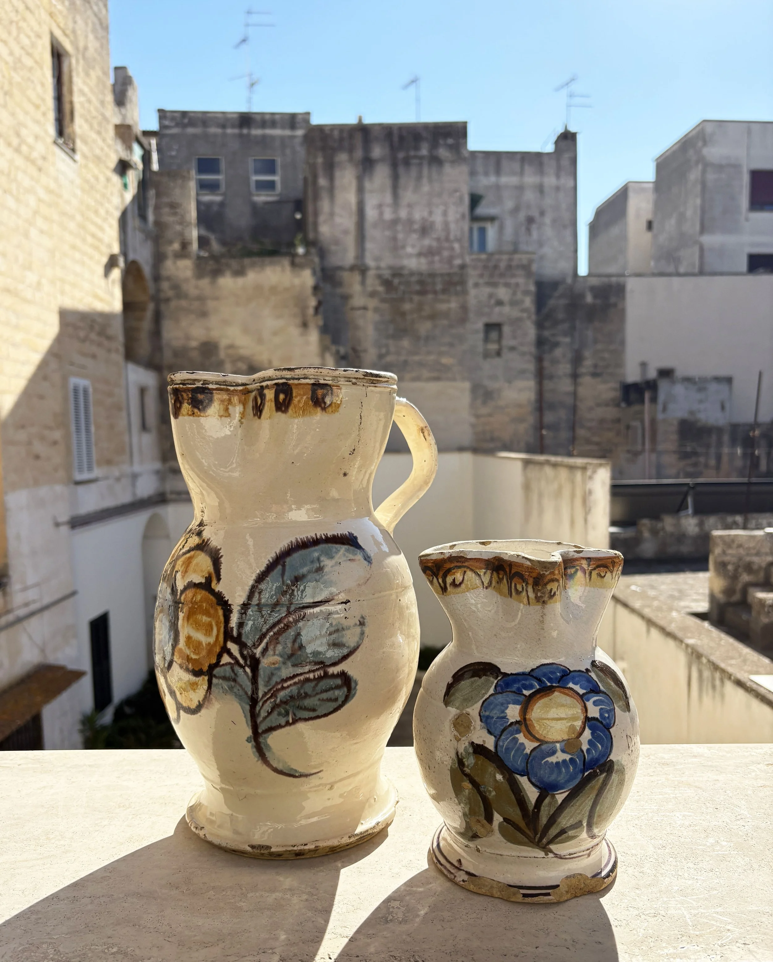2 antique hand painted ceramic jugs Italy