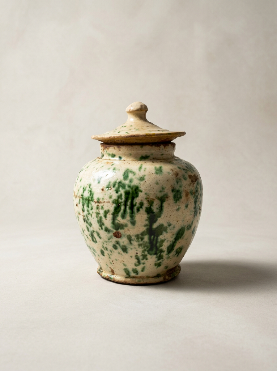 antique green splatter glaze ceramic pot Puglia