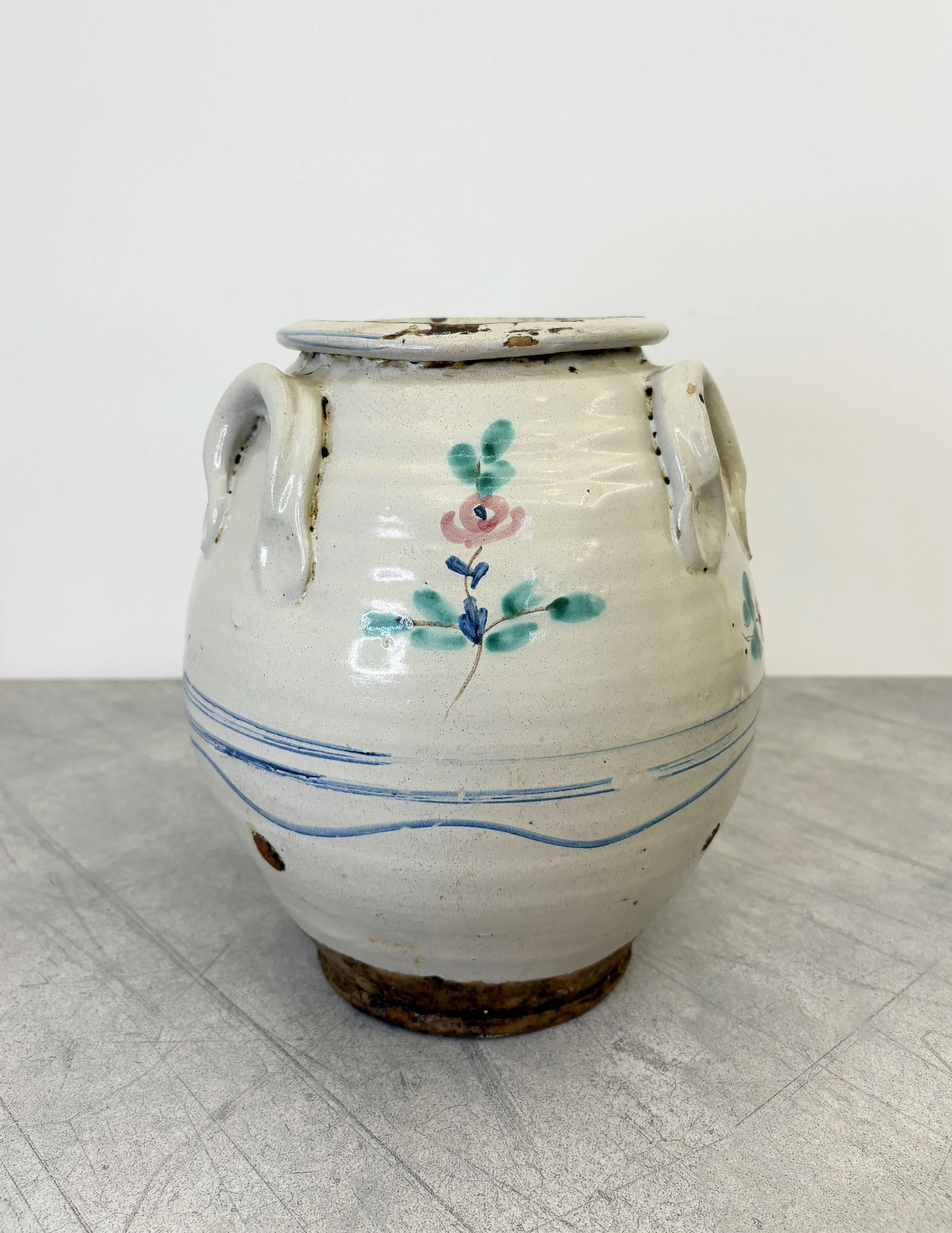 antique Italian confit pot with flowers