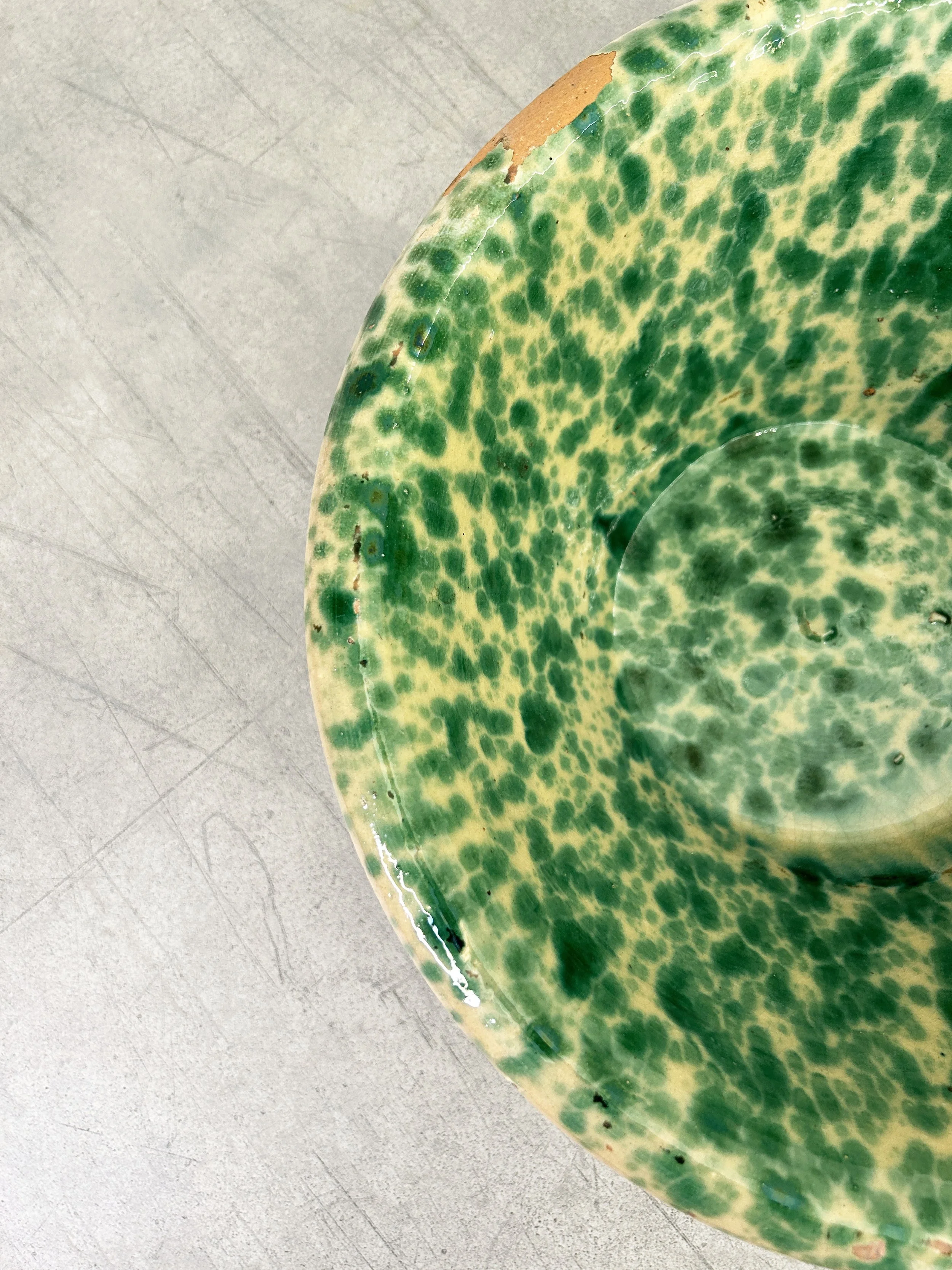 antique green splatter ceramic bowl