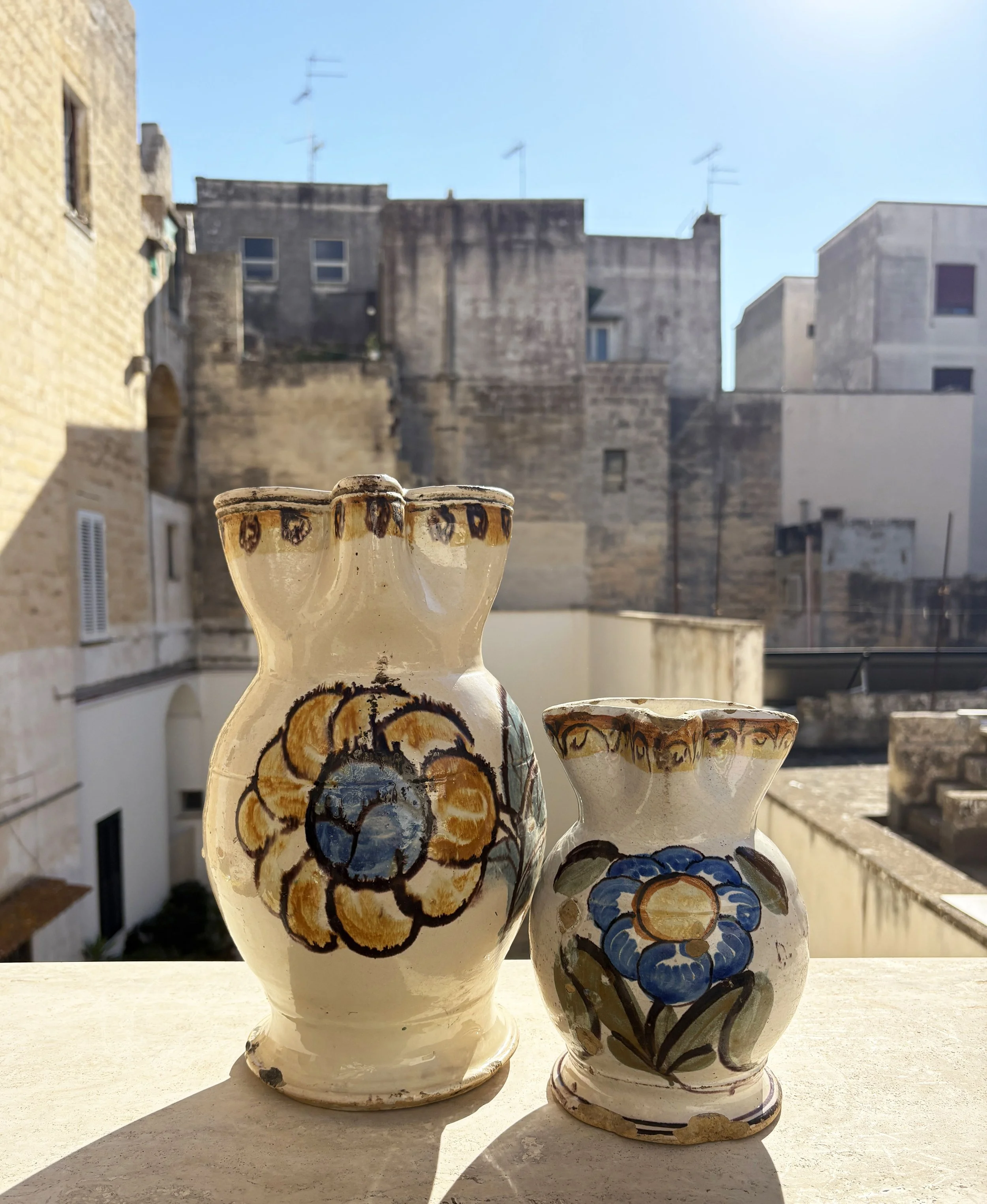 2 antique Italian ceramic pitchers