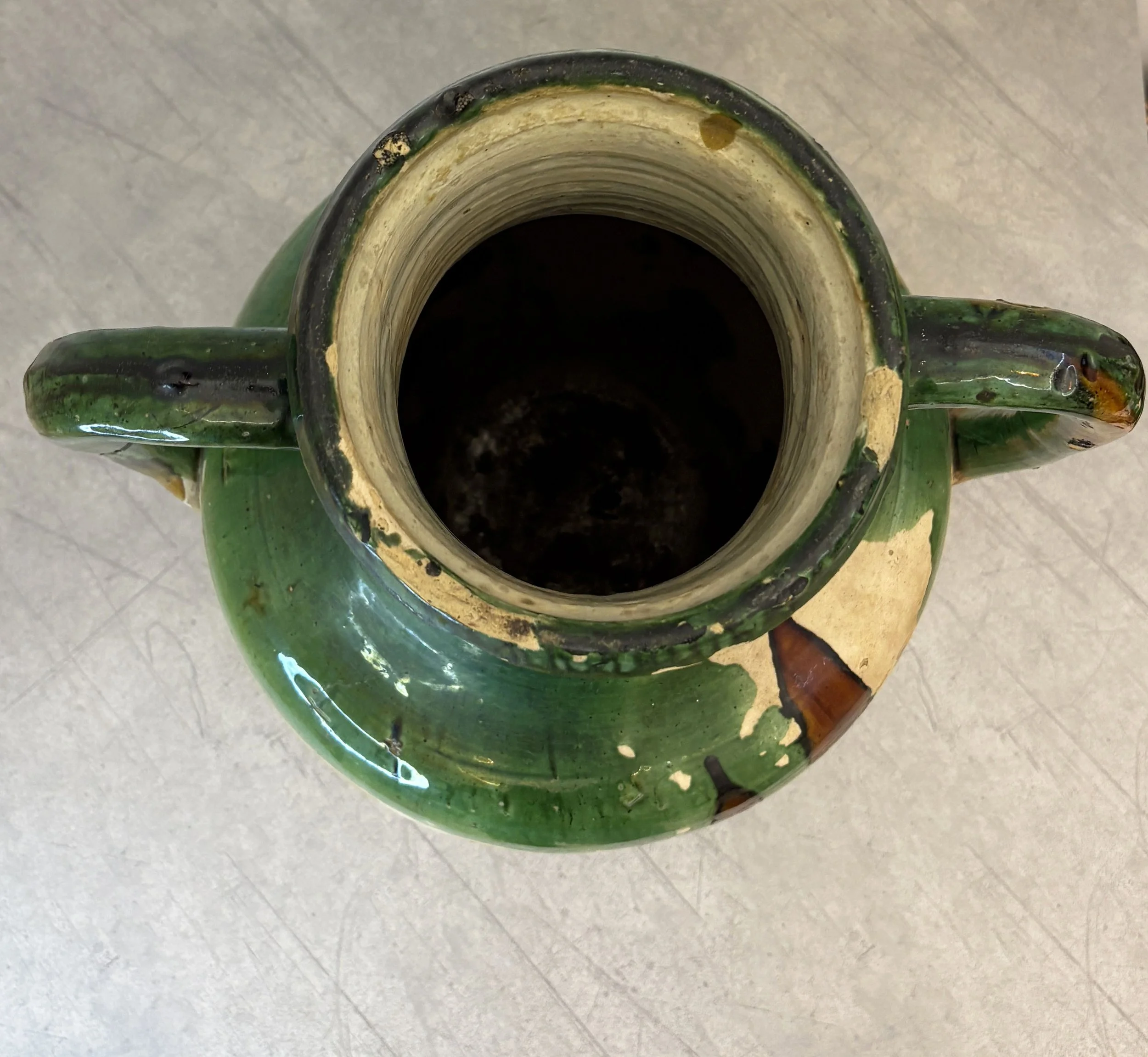 vintage green glazed vase with handles
