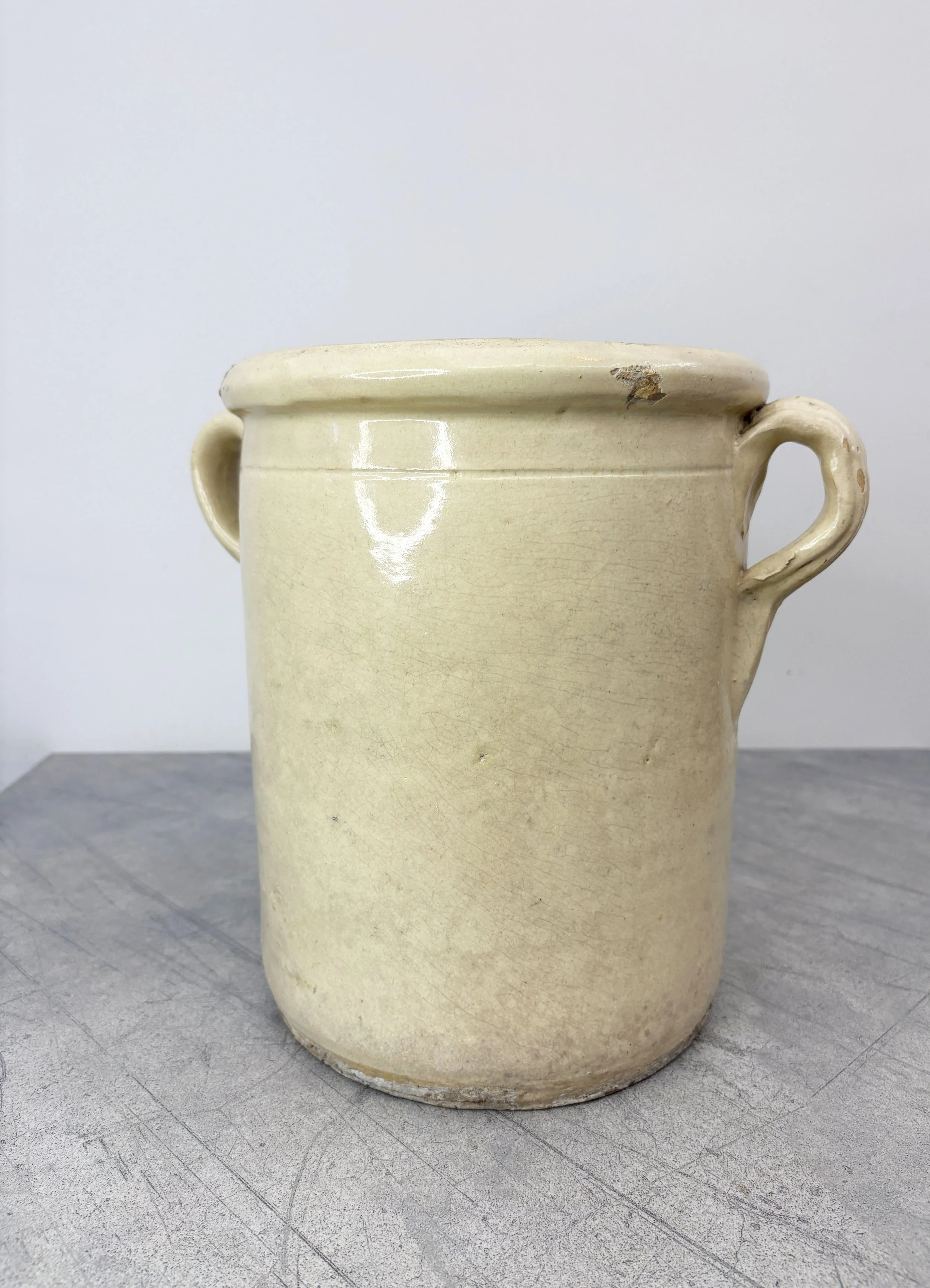 antique white glazed pot with handles Puglia