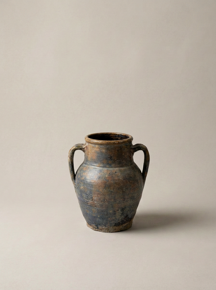 antique Italian rustic confit pot with grey glaze