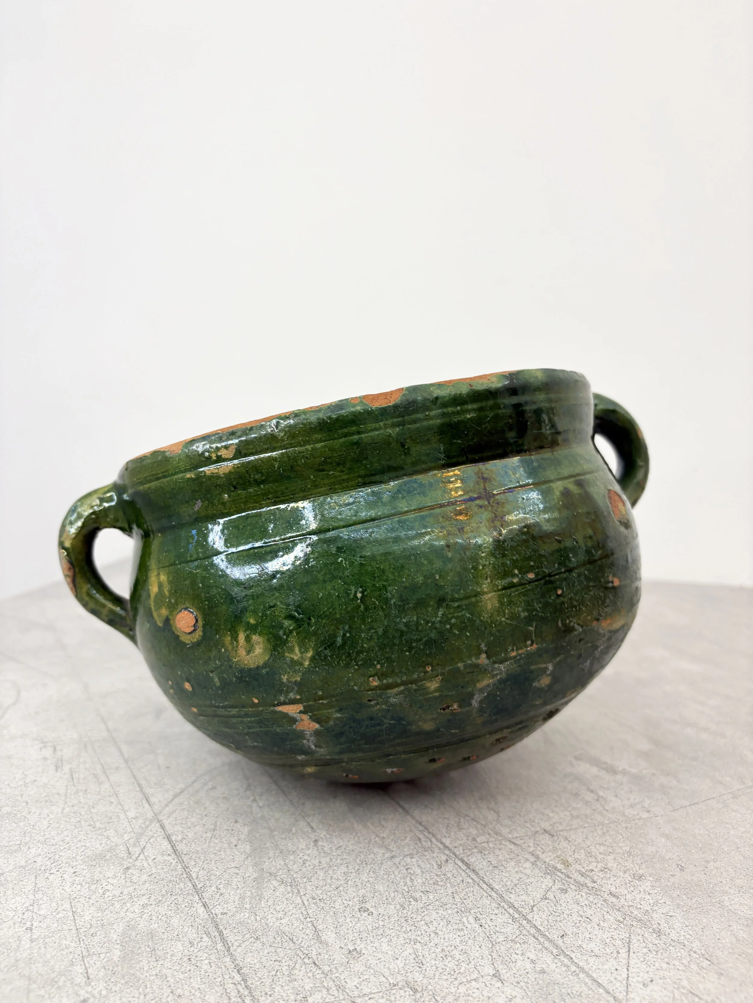 antique rustic green ceramic colander