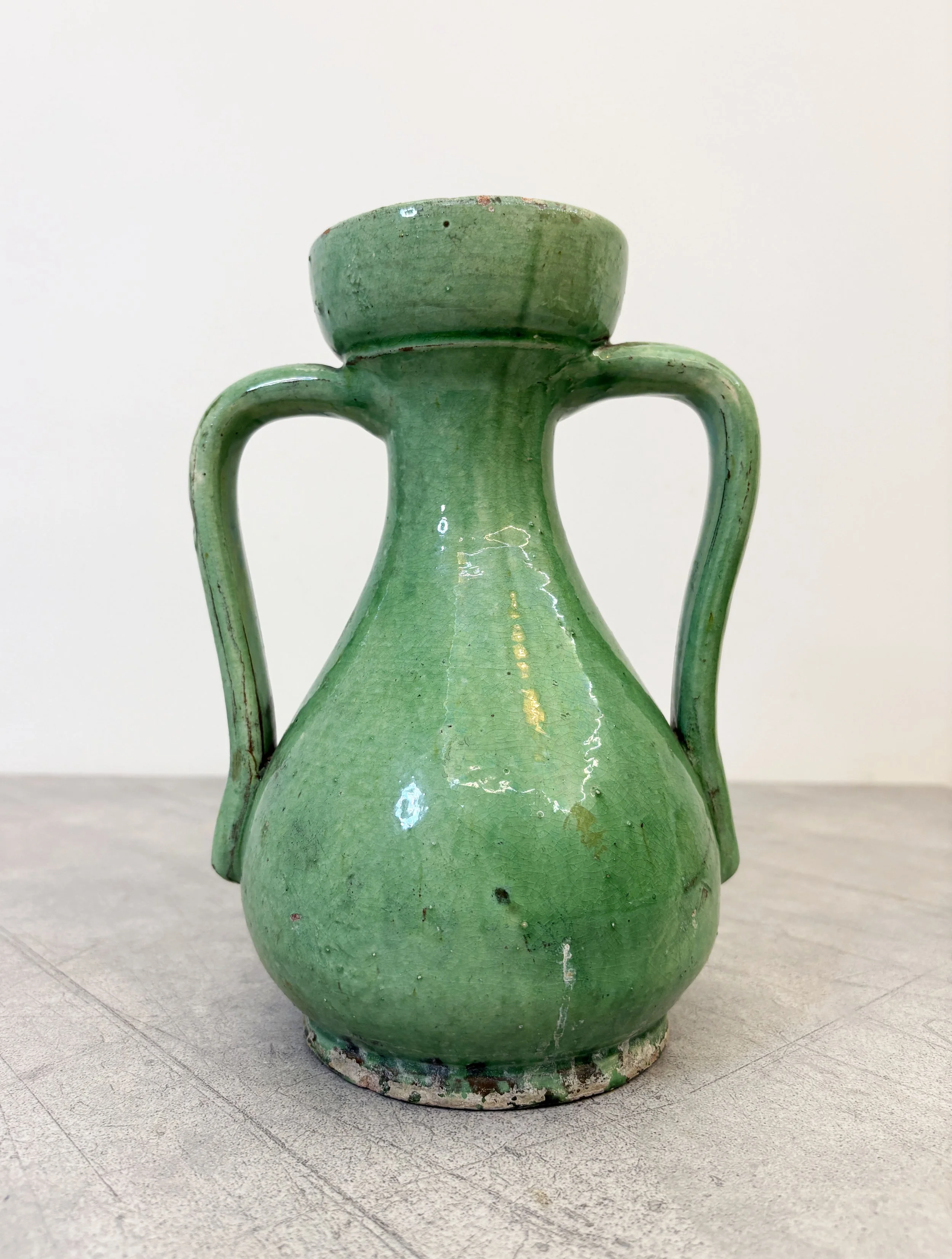 vintage green glazed vase with handles