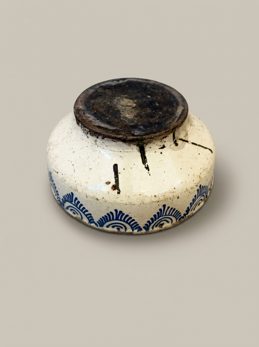 antique rustic bowl Puglia with blue scalloped design