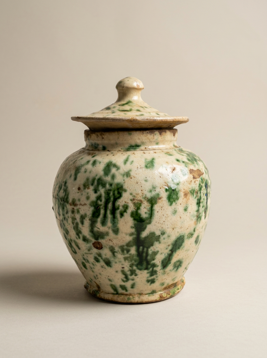 antique Puglian yeast pot with green splatter glaze