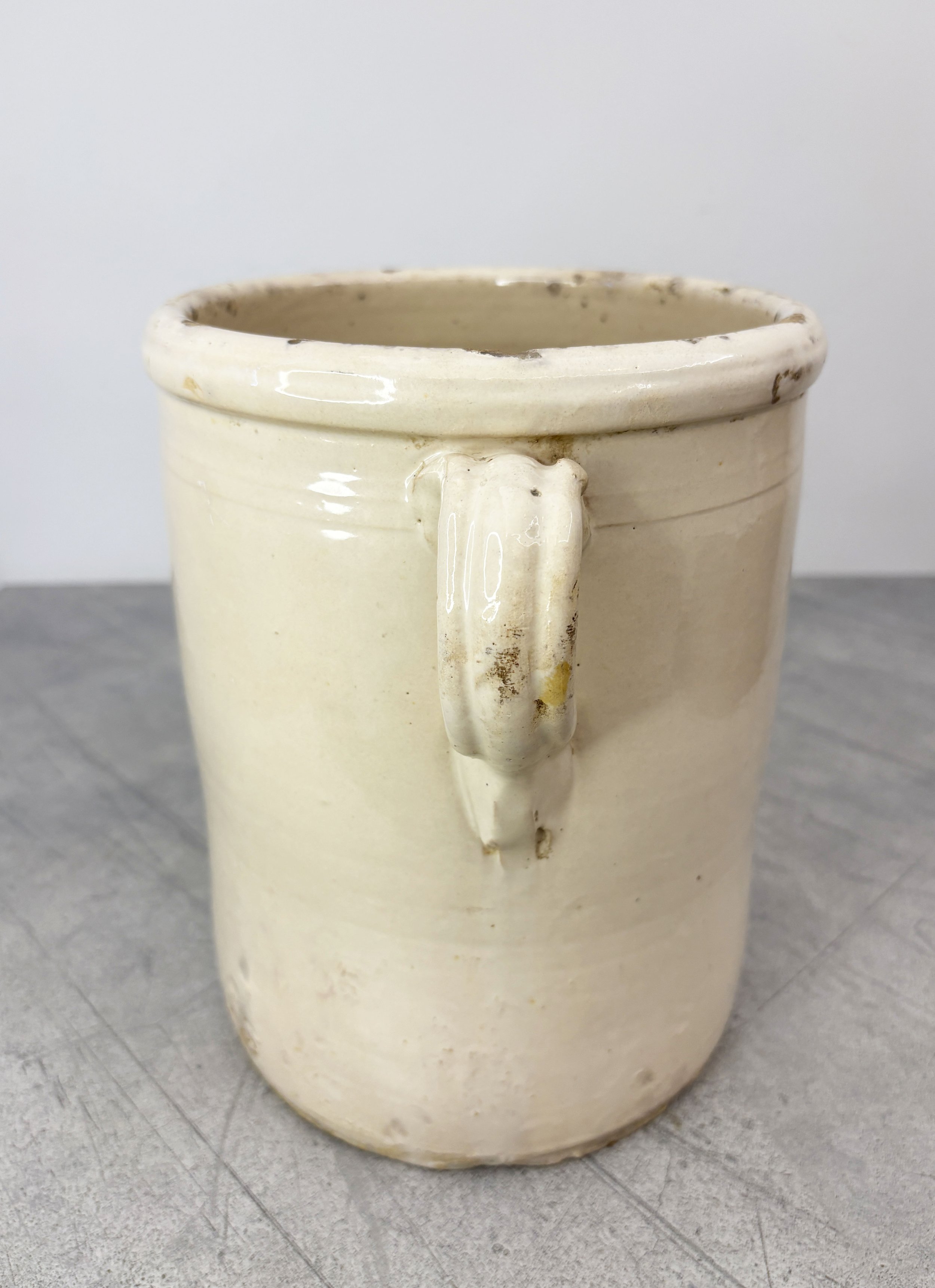 antique white glazed pot with handles Puglia