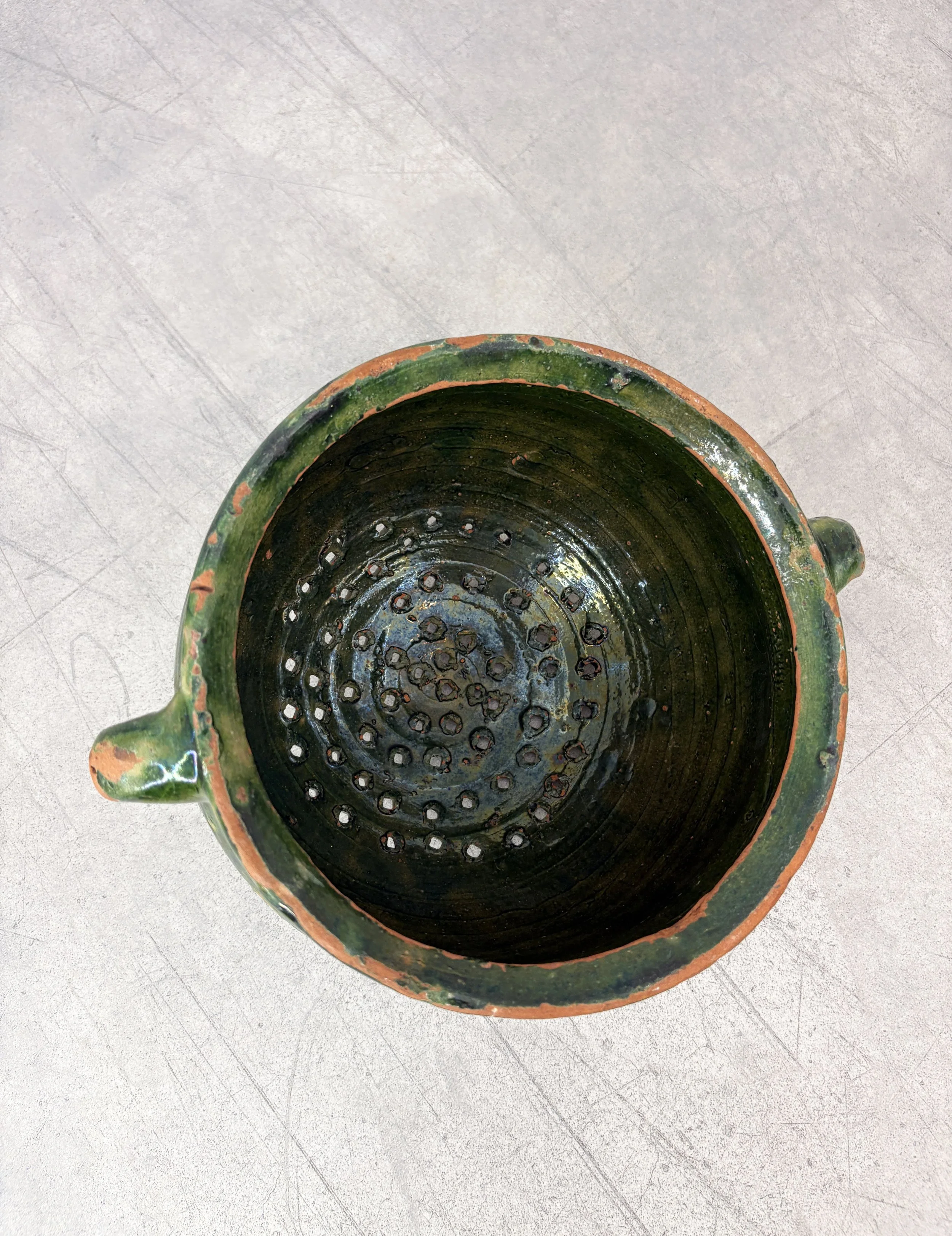 vintage green ceramic colander