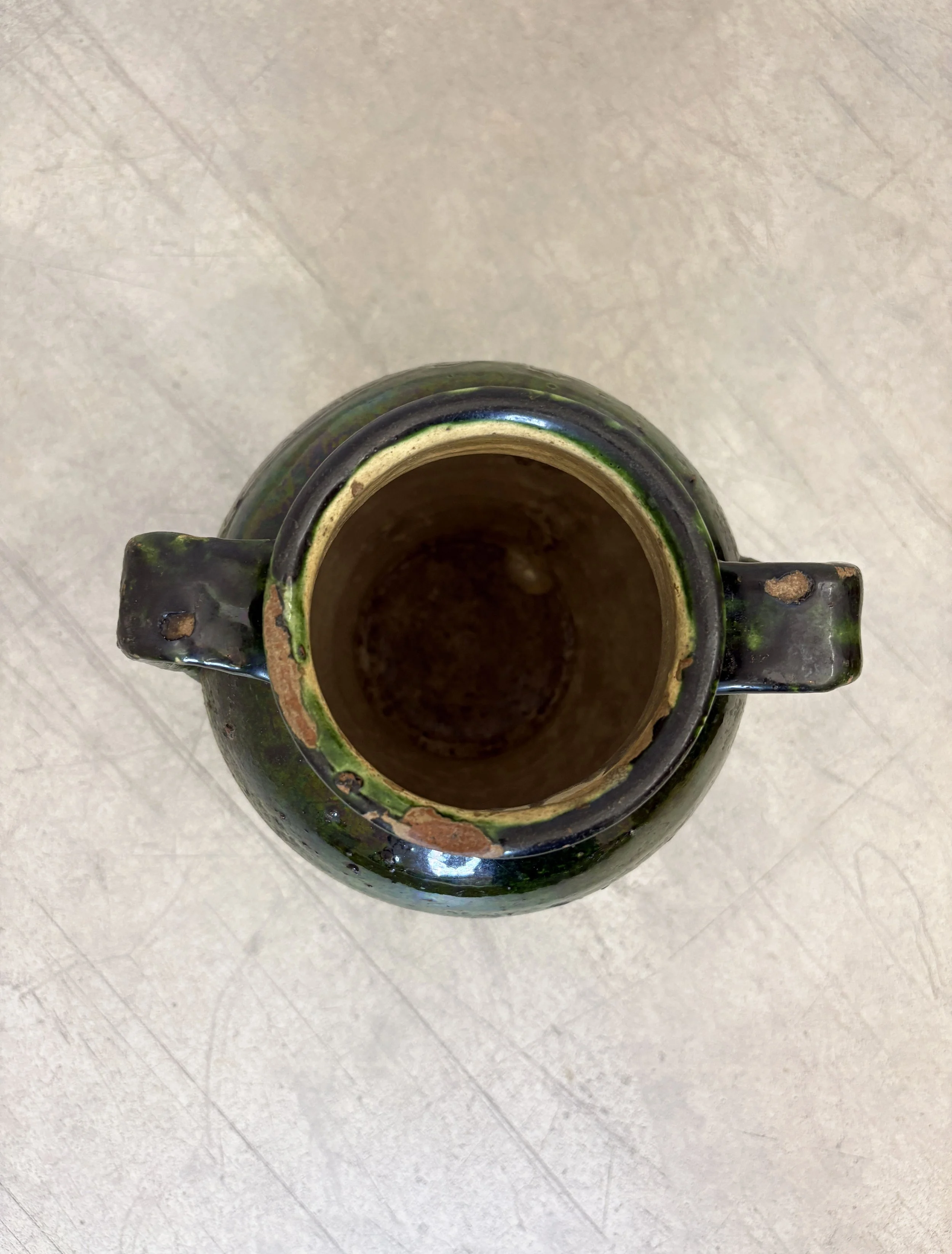 vintage green glazed pot with handles
