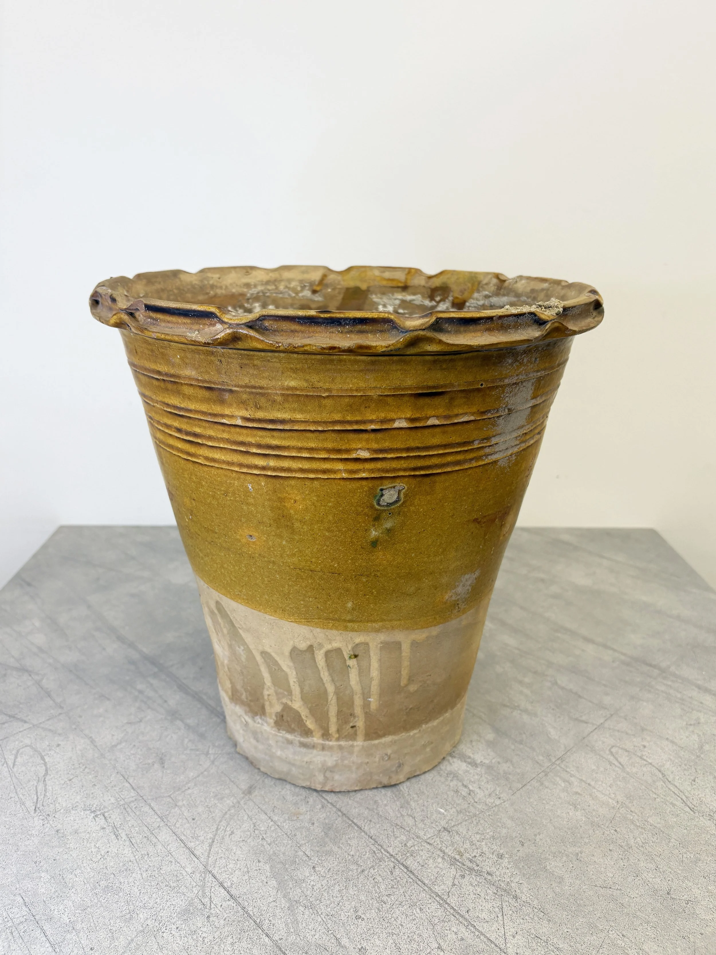 antique yellow glazed plant pot Puglia