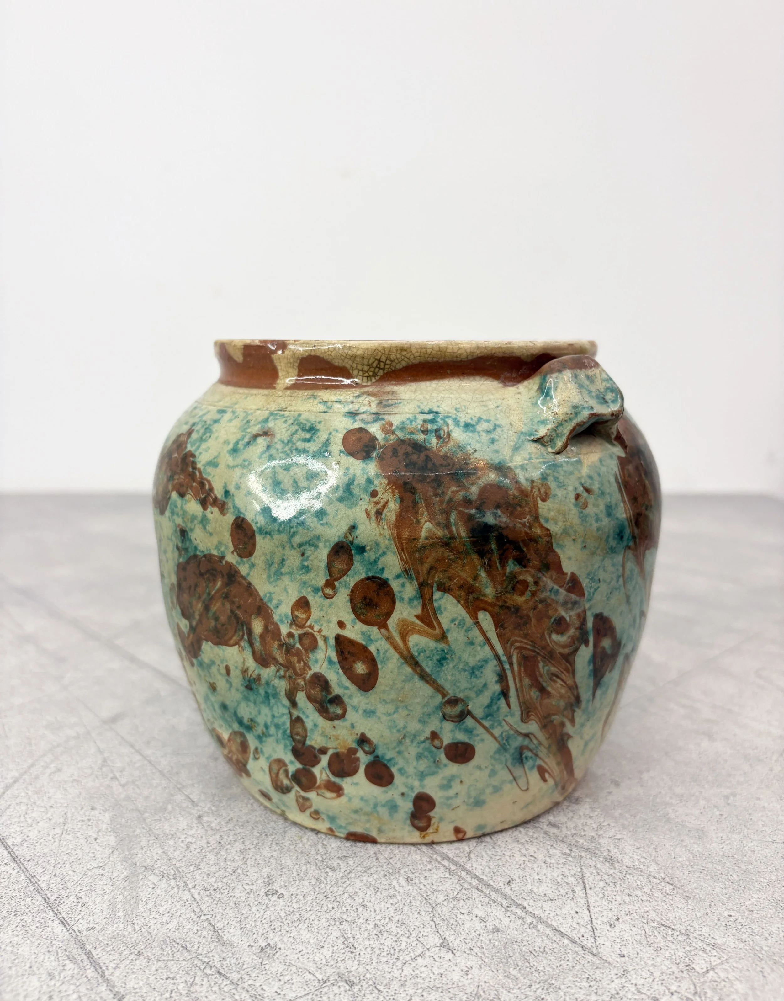 antique green splatter glaze pot Puglia