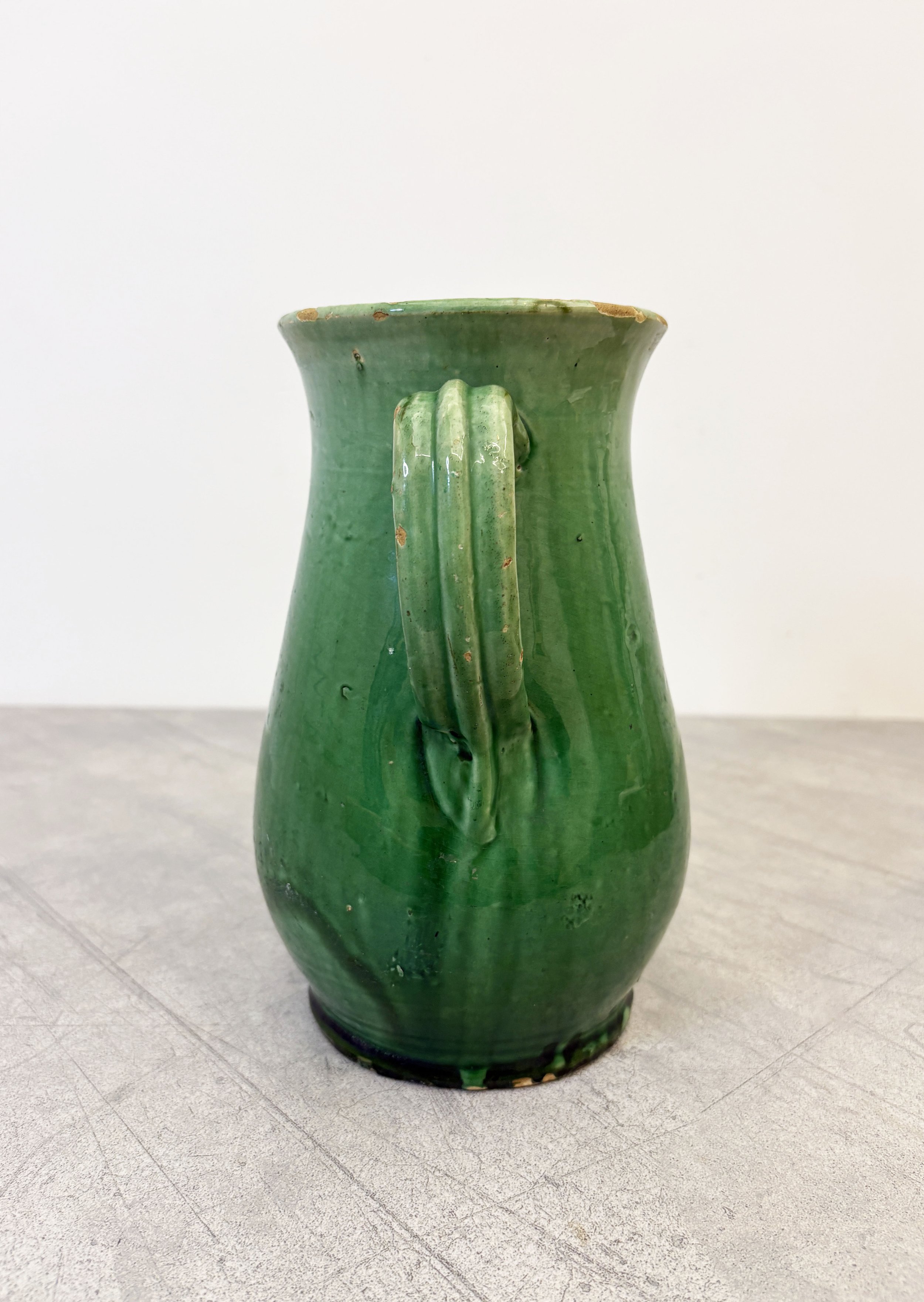 antique green glazed ceramic farmhouse jug