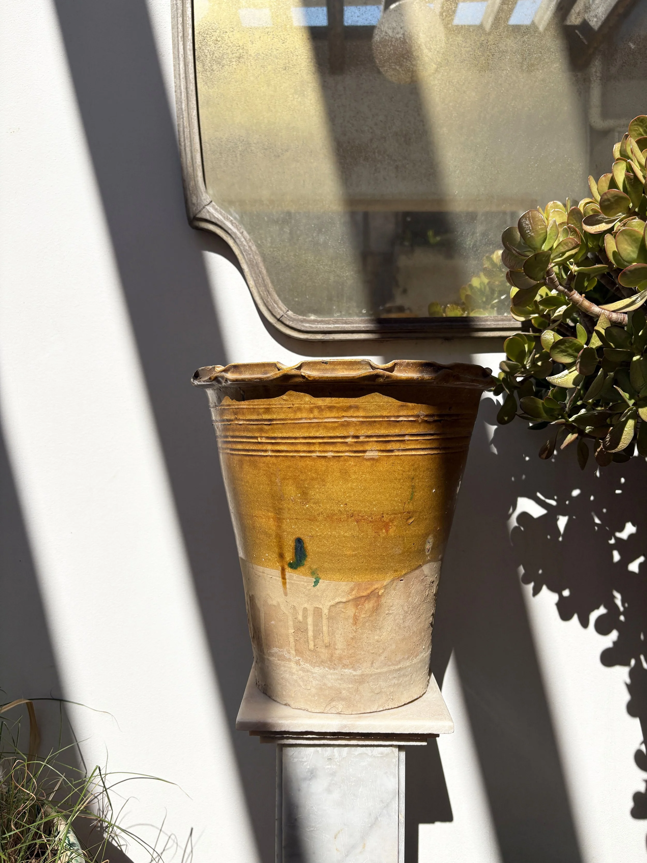 large vintage yellow glazed plant pot