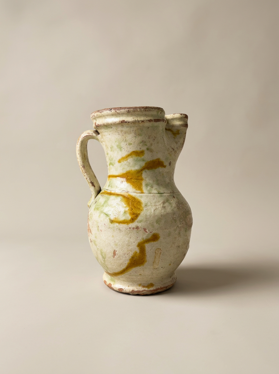 antique Italian large rustic pitcher with yellow glaze