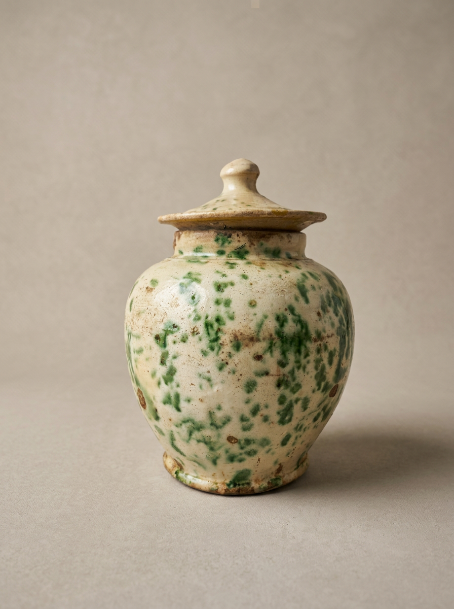 vintage green splatter glaze pot with lid from Puglia