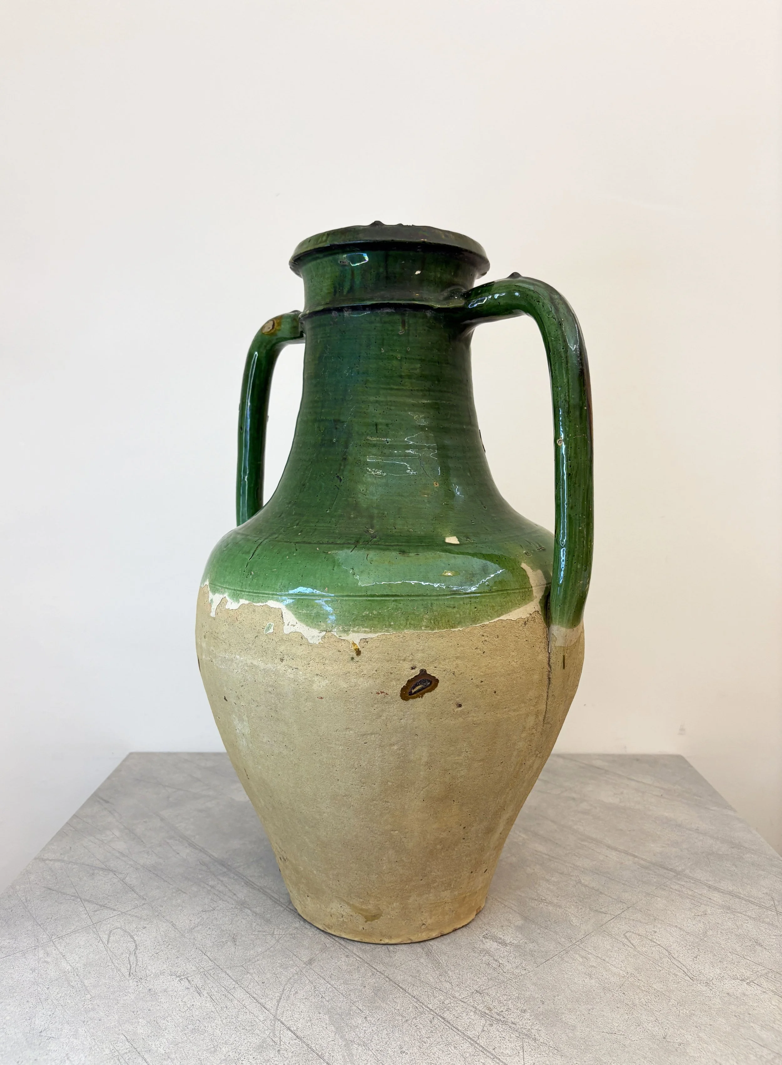 green glazed ceramic vase with handles Puglia