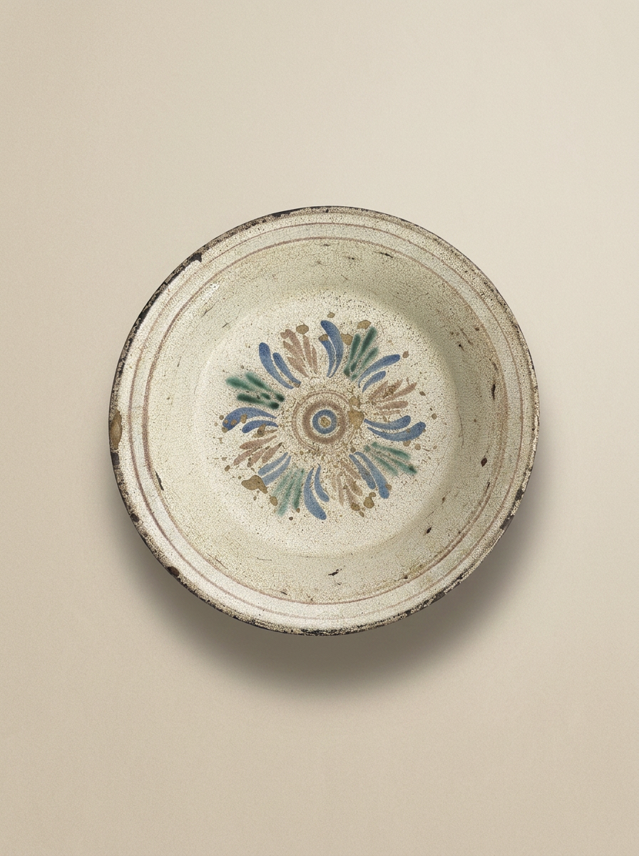 Large Antique Hand Painted Bowl with Abstract Motif