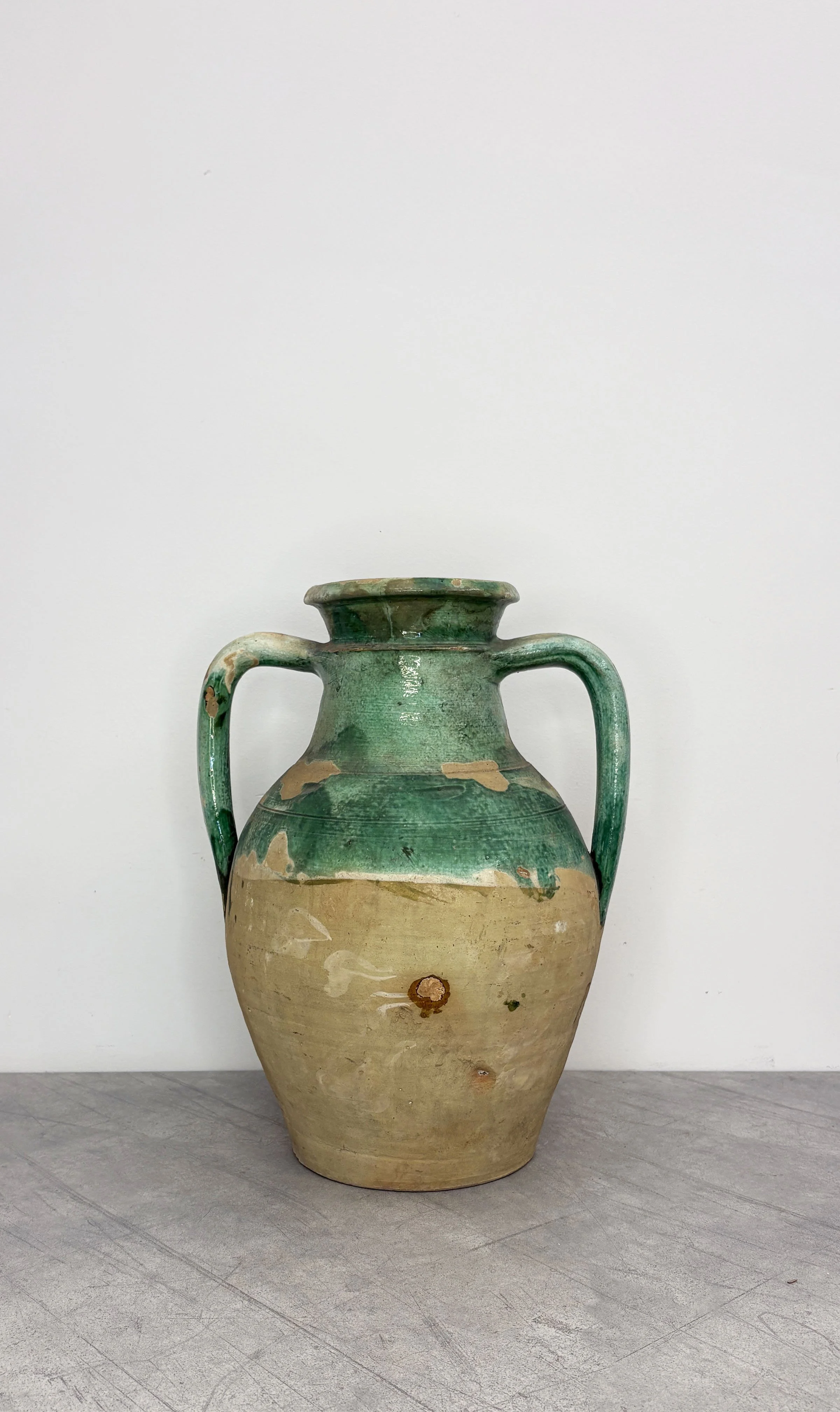 ANTIQUE GREEN GLAZED VASE WITH HANDLES PUGLIA
