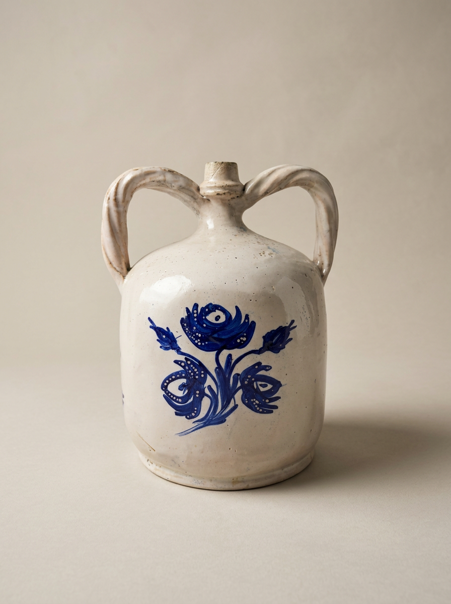 antique ceramic amphora with hand painted blue flowers