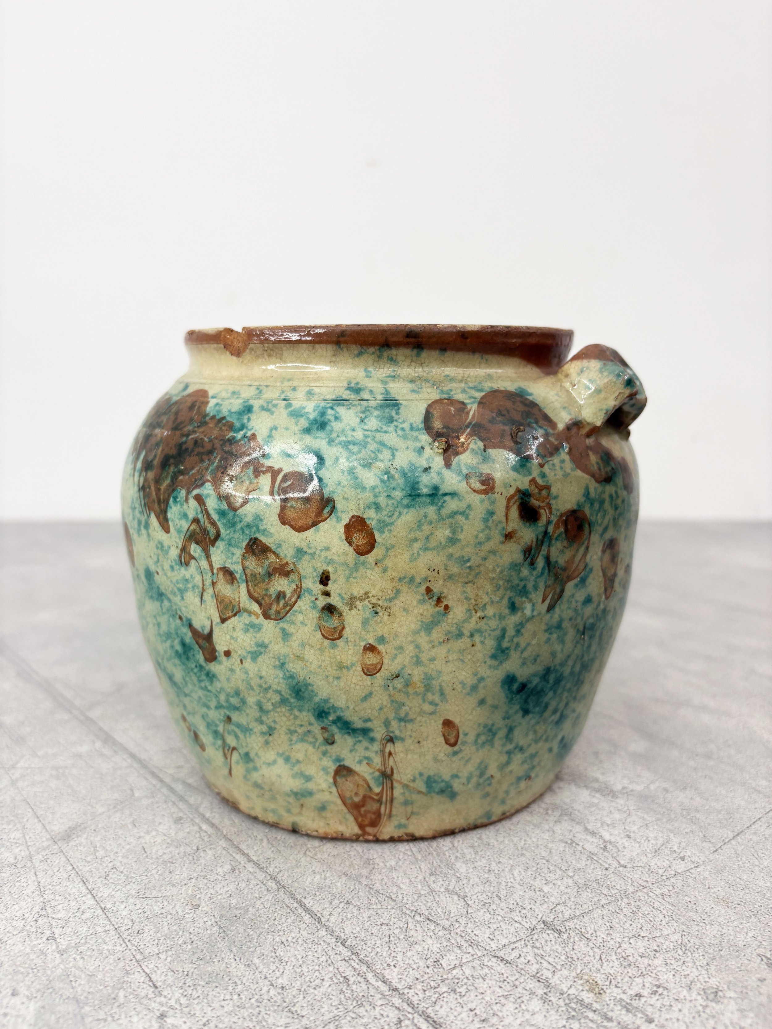 green and brown splatter glaze yeast pot