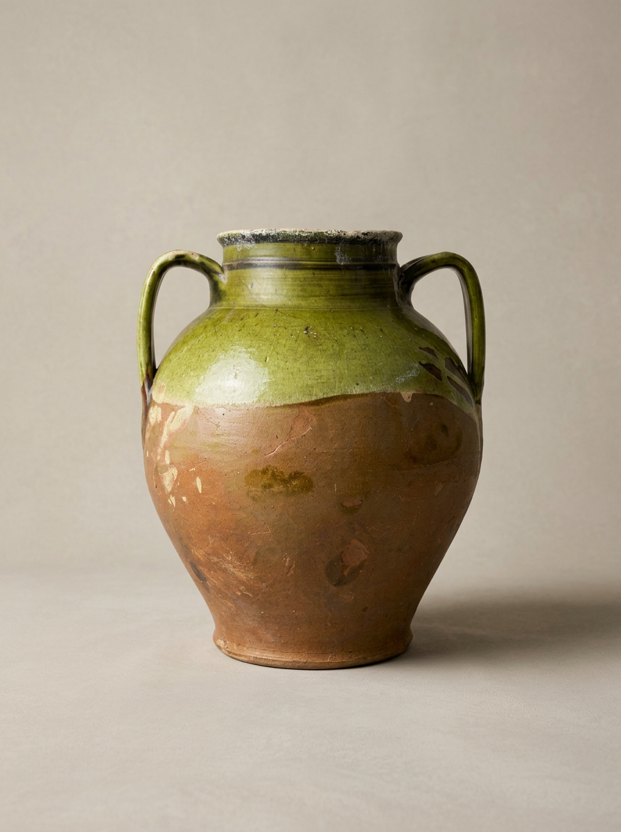antique Italian green half glazed ceramic pot