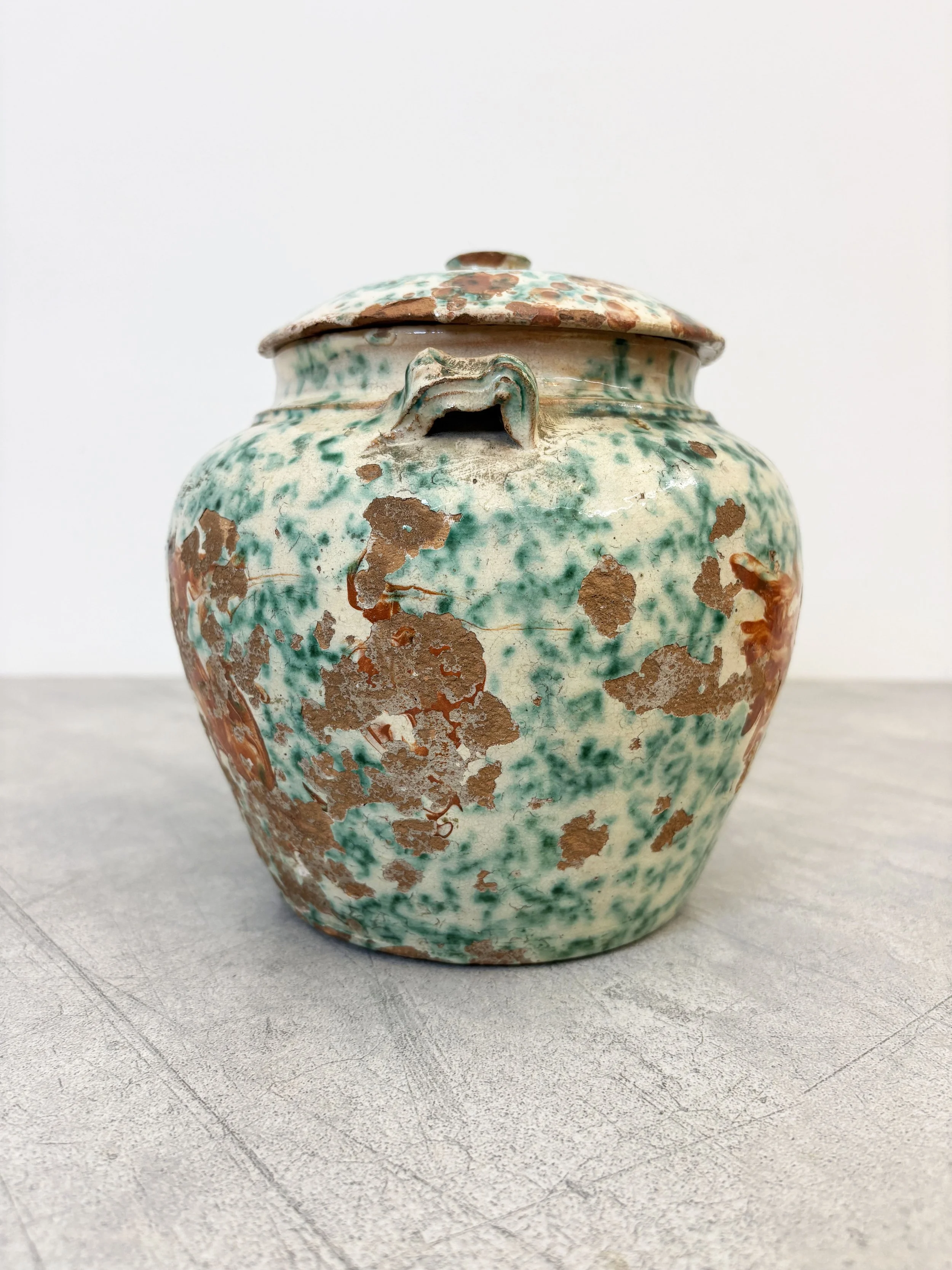 rustic green speckle glaze pot with lid