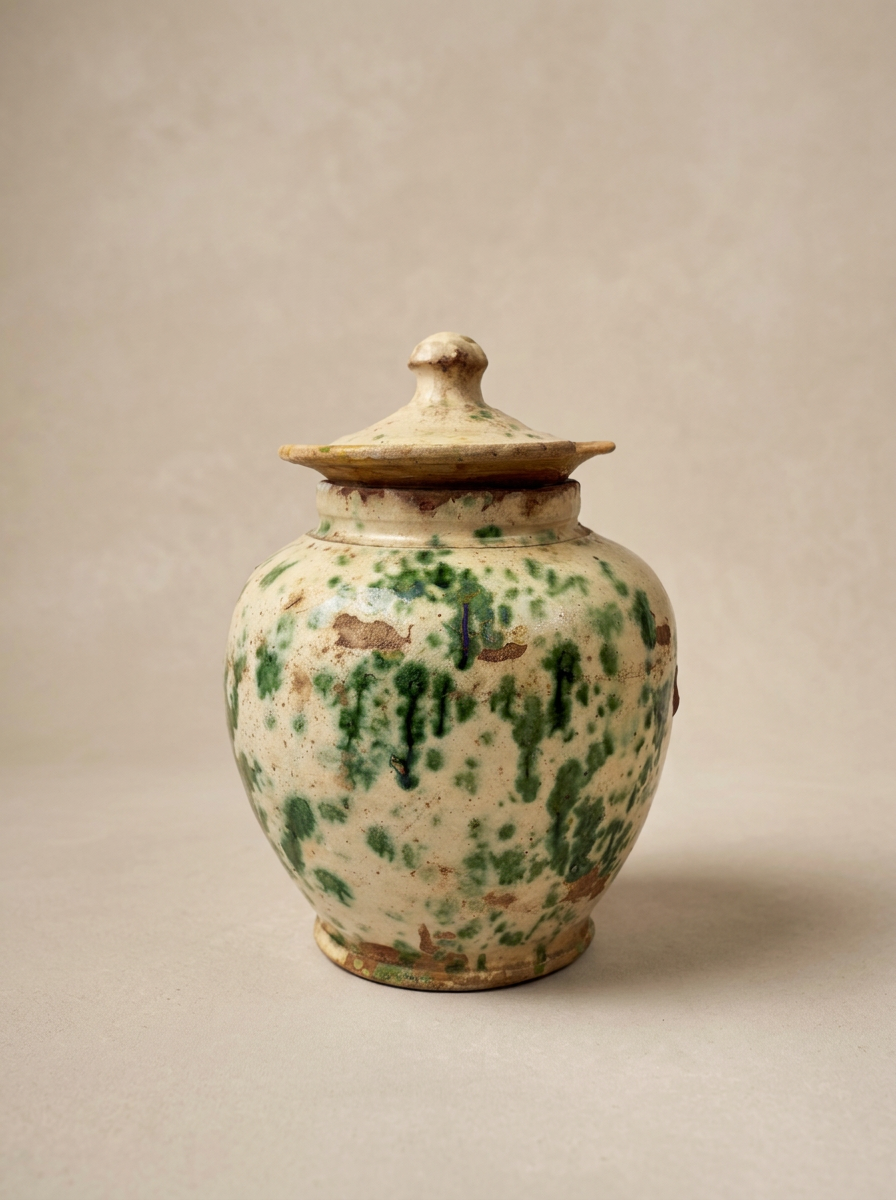 antique rustic green glazed pot with lid Puglia