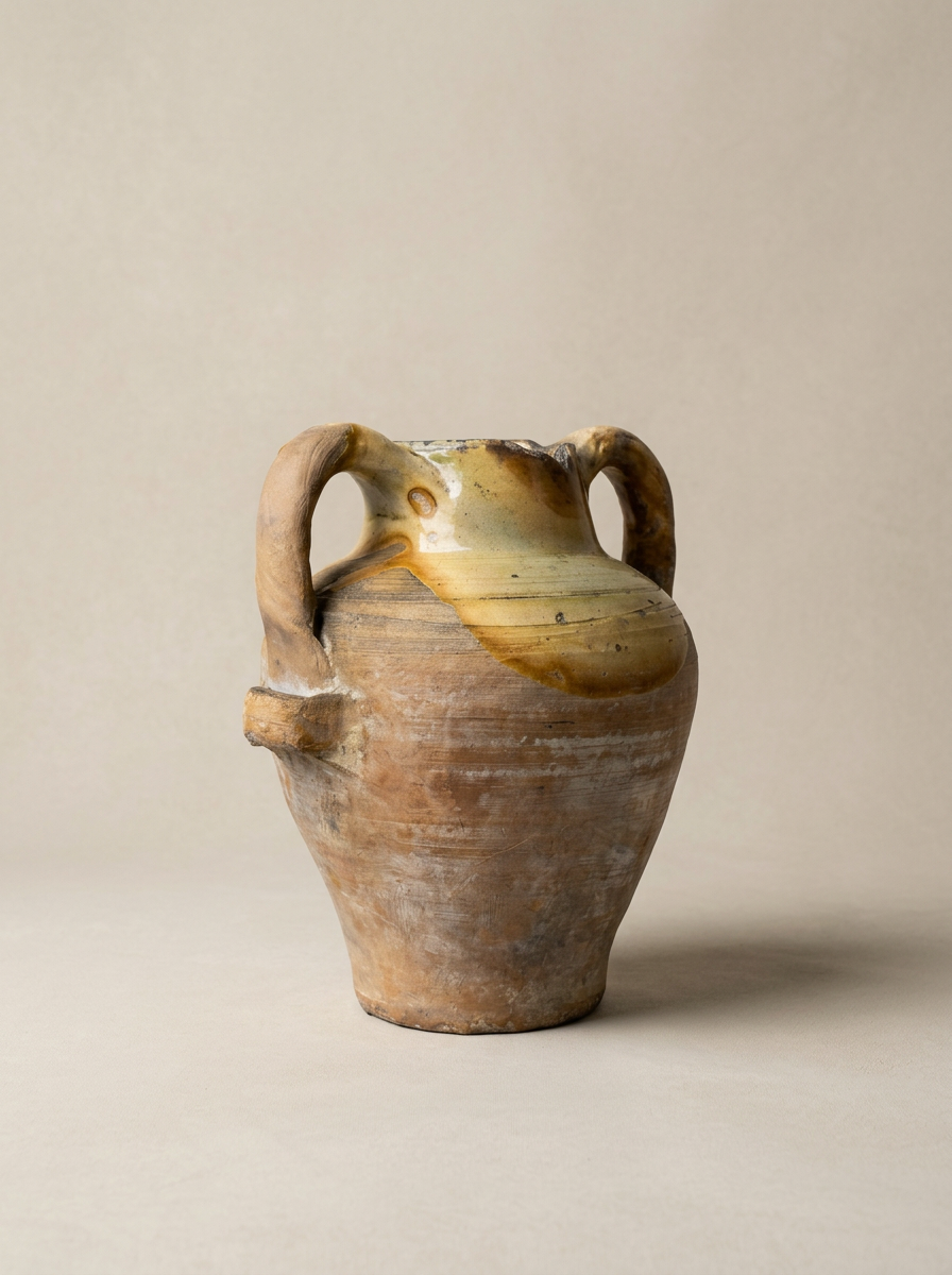antique rustic pot with handles and yellow glaze
