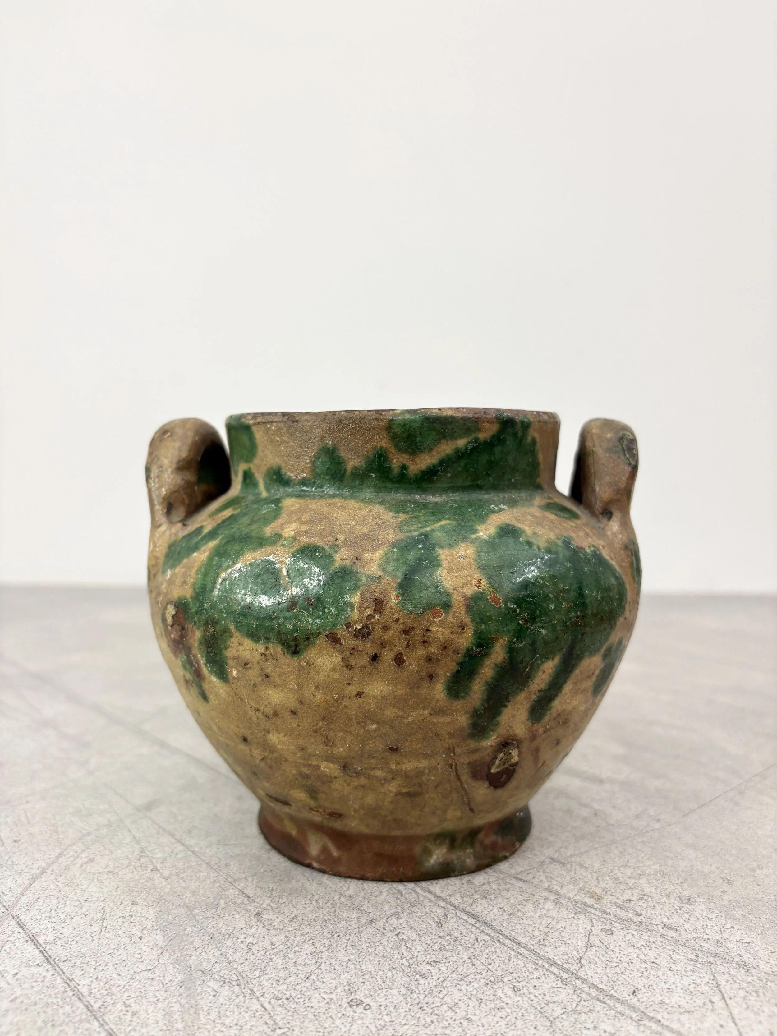 rustic green splatter glaze pot Calabria