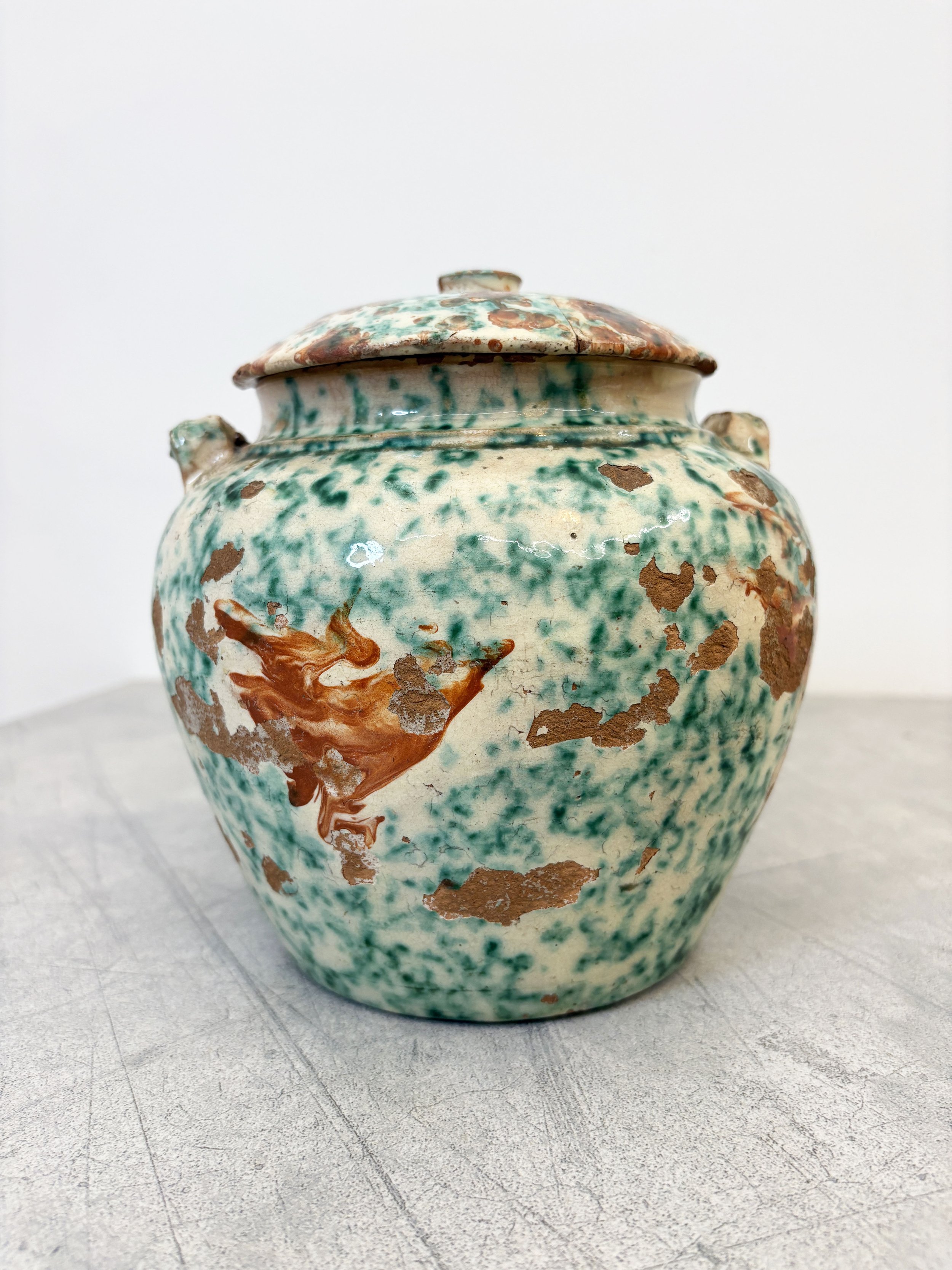 antique green speckled glaze pot Puglia